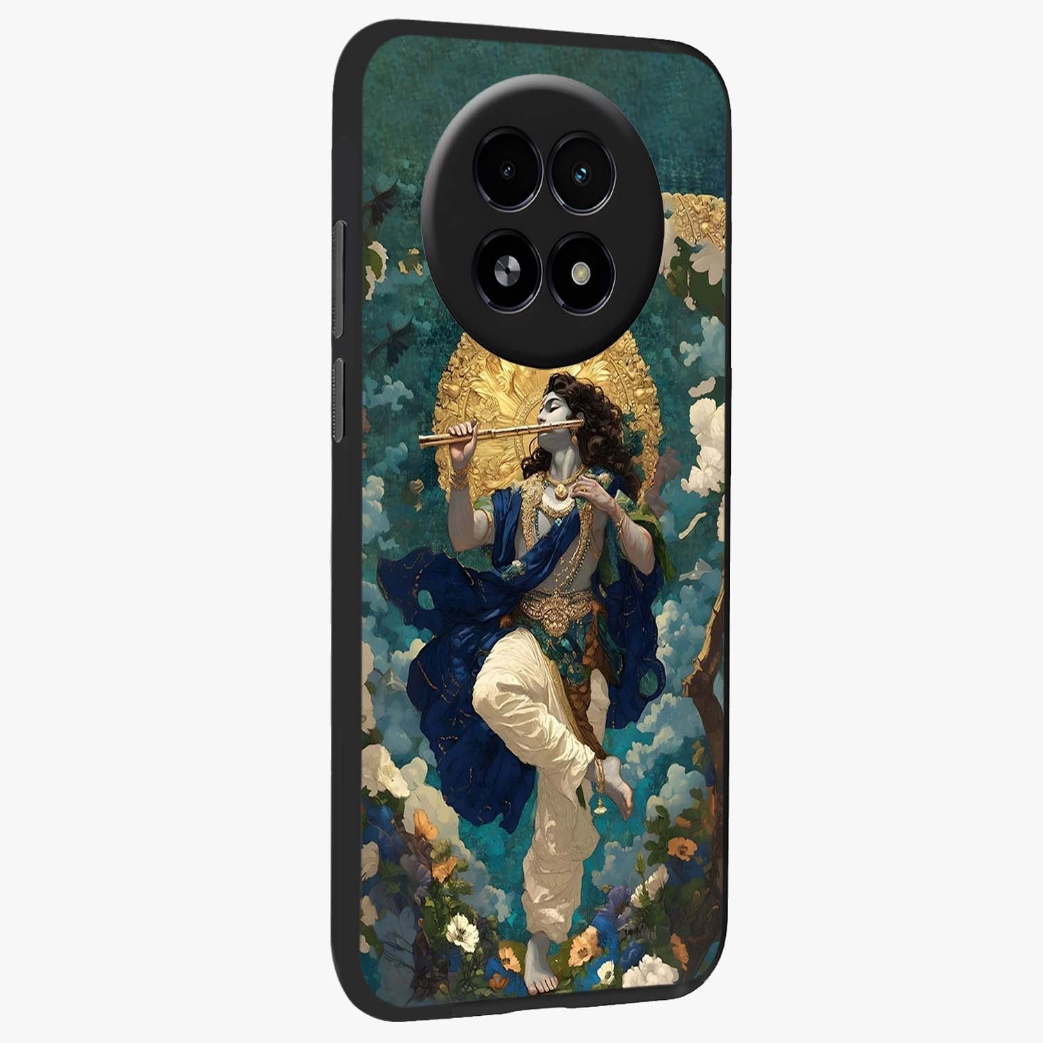 Divine Krishna Art Glass Case upright view showcasing divine Krishna artwork with sacred artistic theme.