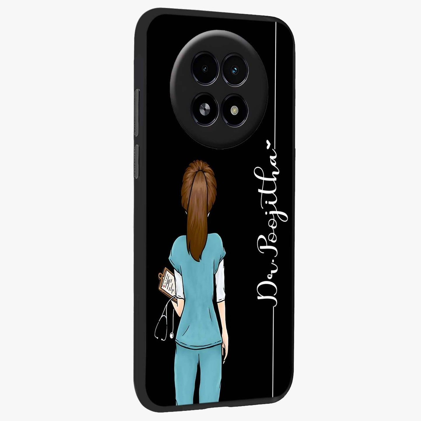 Doctor Pattern Custom Name Glass Case upright view showcasing healthcare themed design with personalized aesthetic.