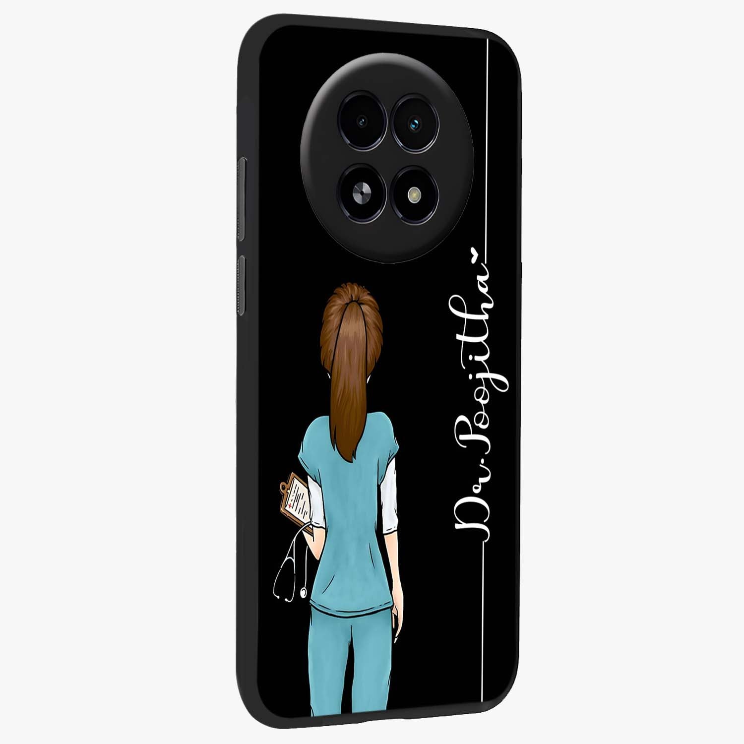 Doctor Pattern Custom Name Glass Case upright view showcasing healthcare themed design with personalized aesthetic.