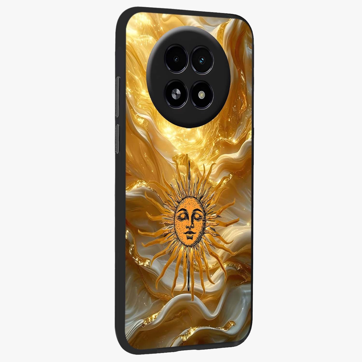 Eternal Golden Glow Glass Case upright view showcasing luminous golden artwork with luxurious visual theme.