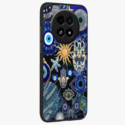 Evil Eye Charm Mix Glass Case upright view showcasing mystical evil eye pattern with vibrant decorative style.