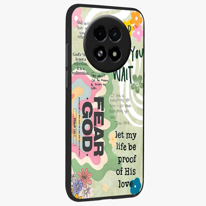 Faith Over Fear Glass Case upright view showcasing bold typography artwork with uplifting motivational theme.
