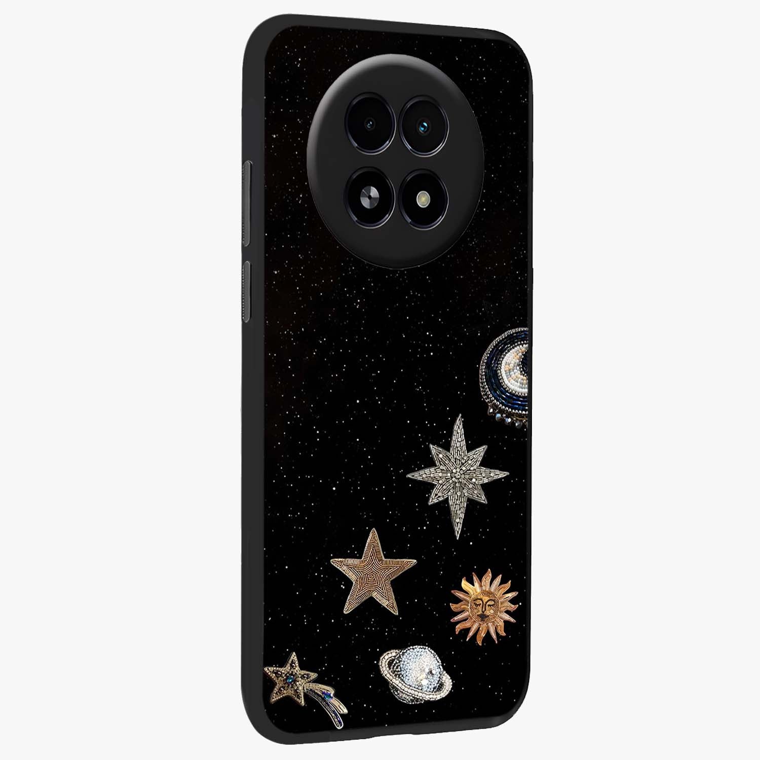 Galactic Charm Glow Glass Case upright view showcasing glowing cosmic charm artwork with magical celestial style.