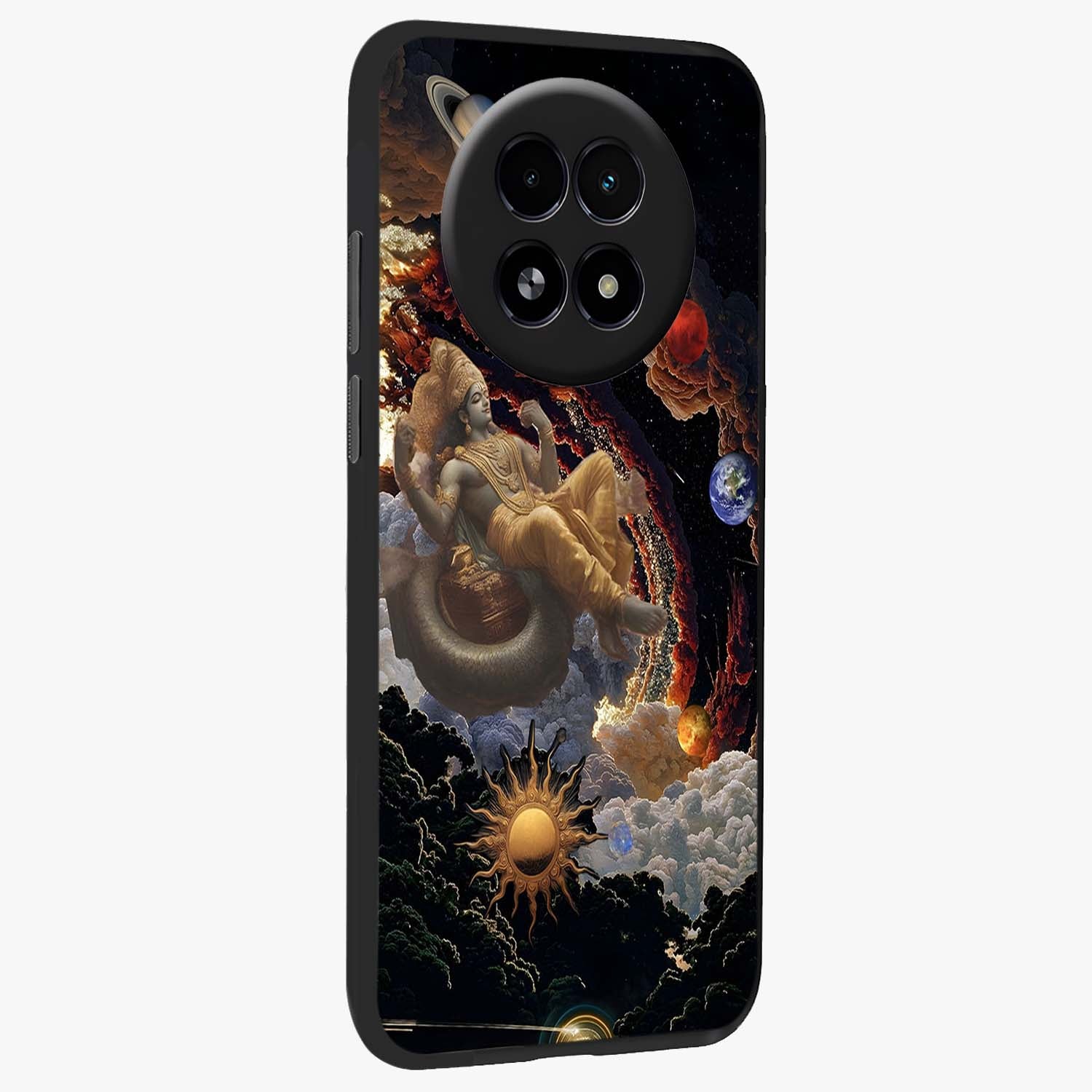 Galactic Divine God Glass Case upright view showcasing mystical divine artwork with dramatic cosmic theme.