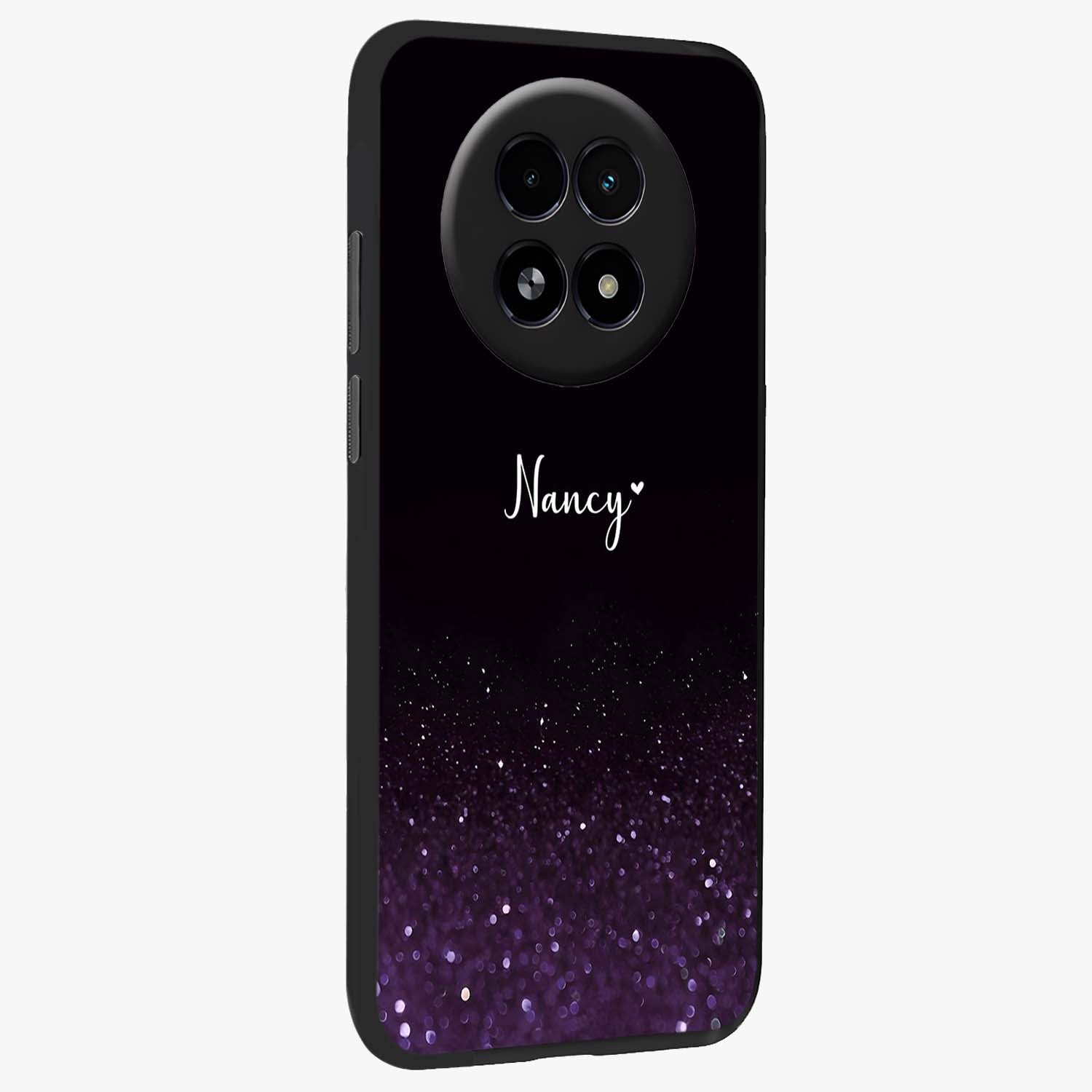 Glittery Purple Bokeh Custom Name Glass Case upright view showcasing vibrant purple sparkle artwork with personalized aesthetic style.
