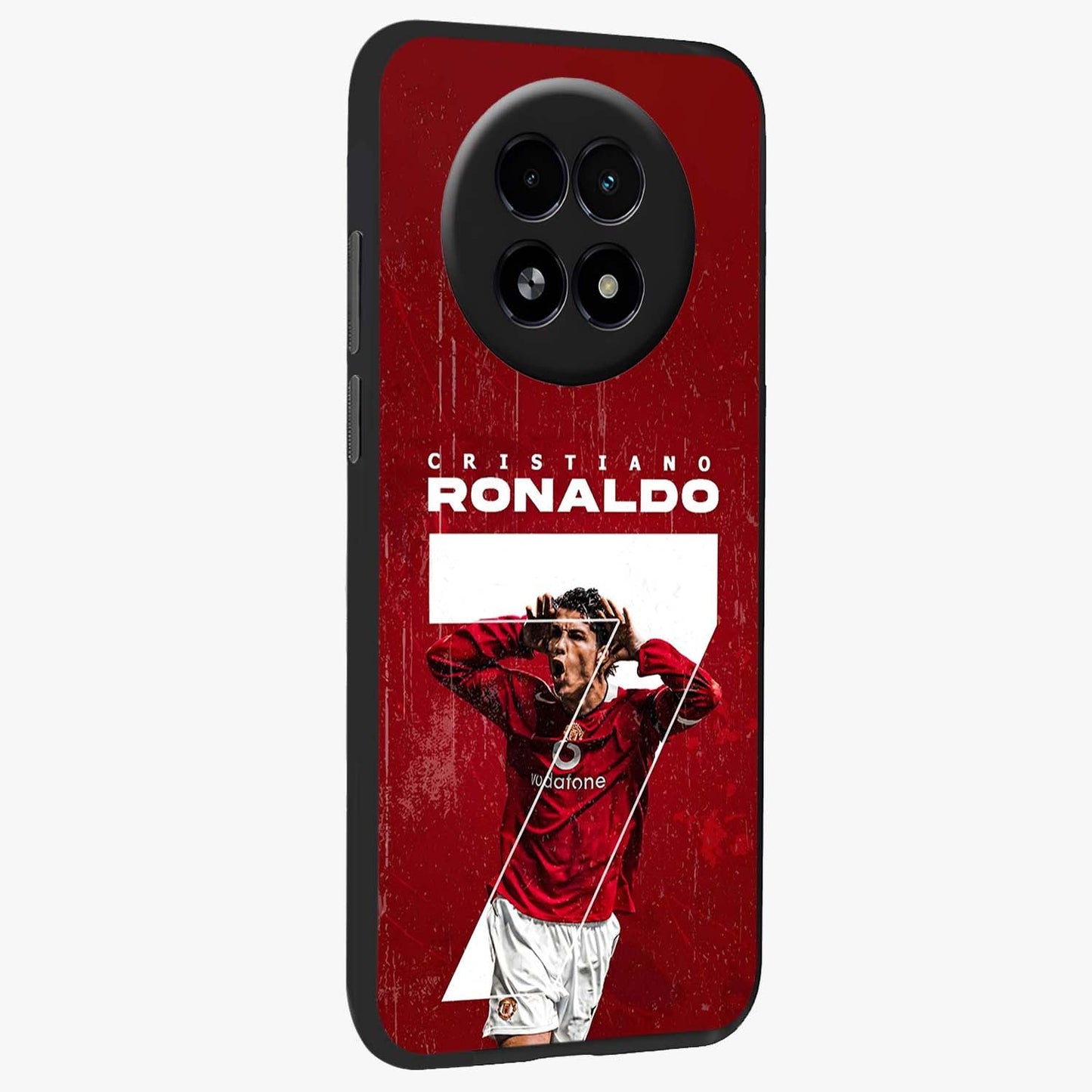 Goal Celebration Legacy Glass Case upright view showcasing dynamic football inspired artwork with victory celebration aesthetic.
