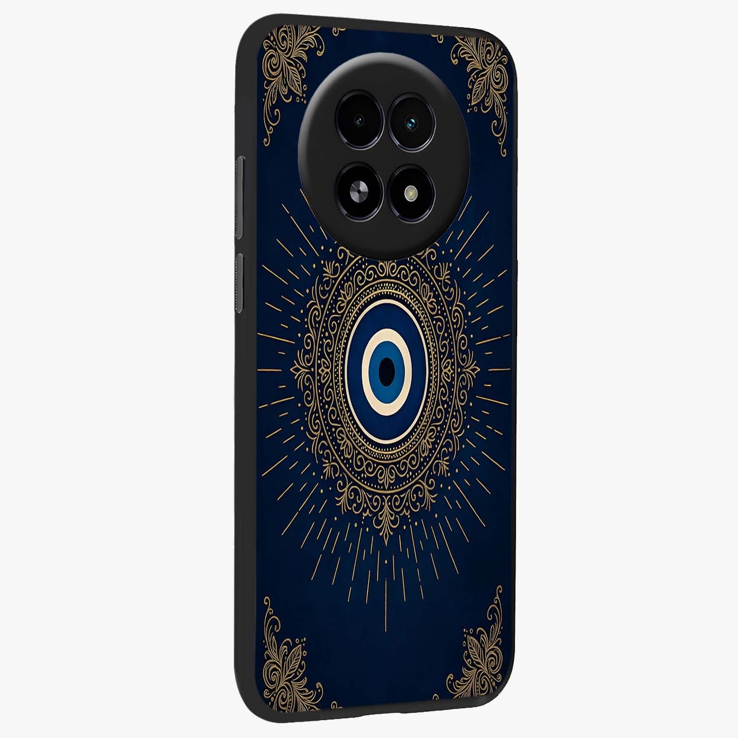 Golden Celestial Charm Glass Case upright view showcasing radiant celestial artwork with elegant golden theme.