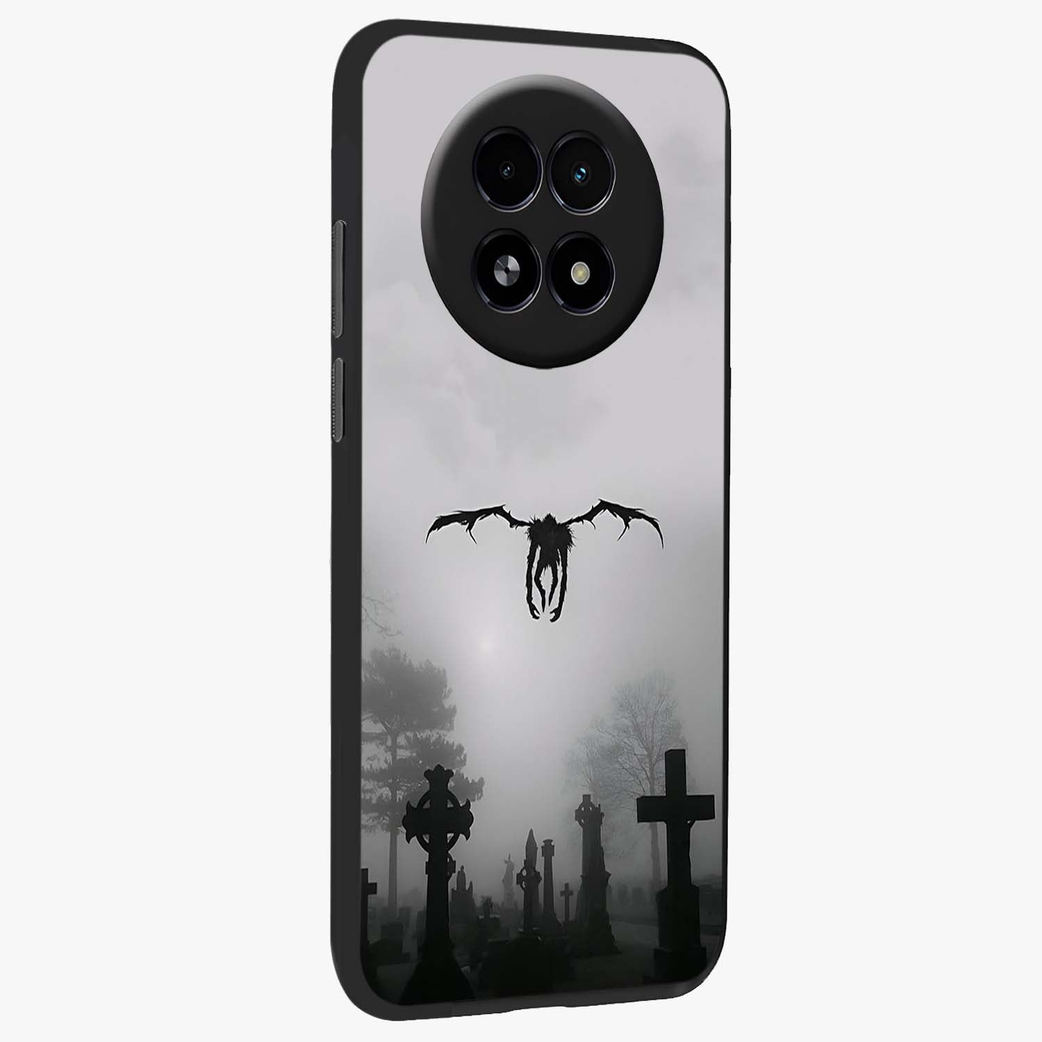 Graveyard Shadow Descent Glass Case upright view showcasing haunting graveyard artwork with dramatic dark theme.