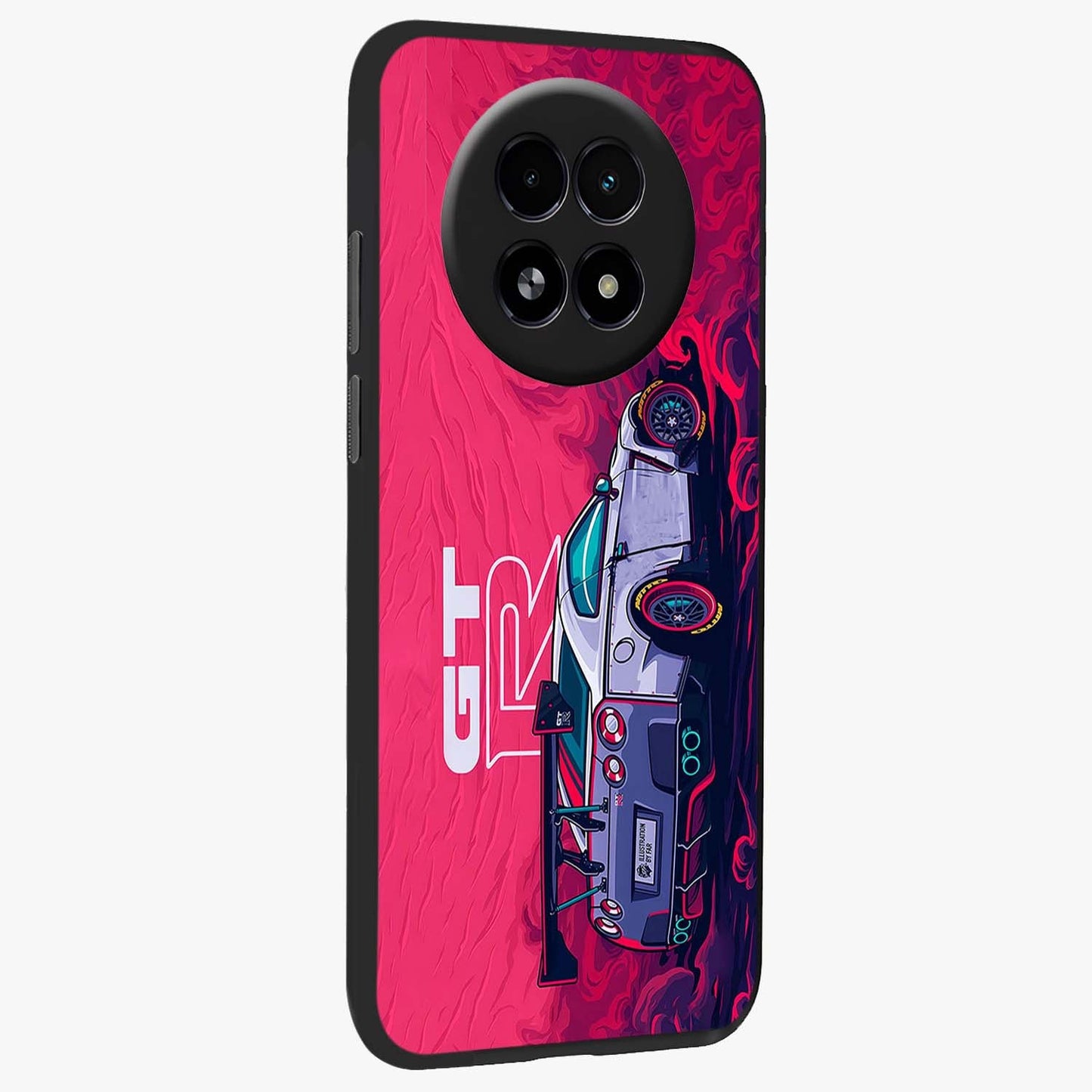 GT-R Car Pattern Glass Case upright view showcasing dynamic car pattern artwork with modern sports theme.