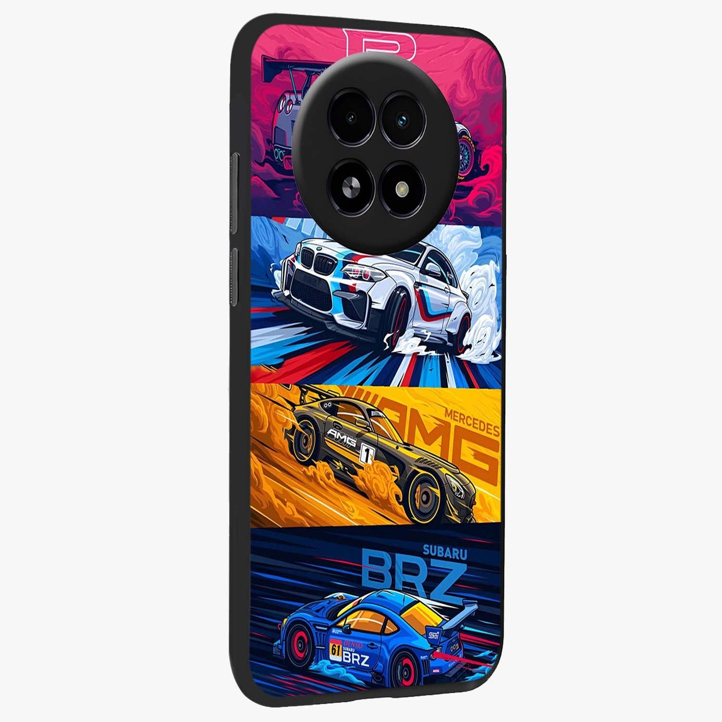 JDM Sports Car Glass Case upright view showcasing dynamic sports car artwork with bold racing theme.