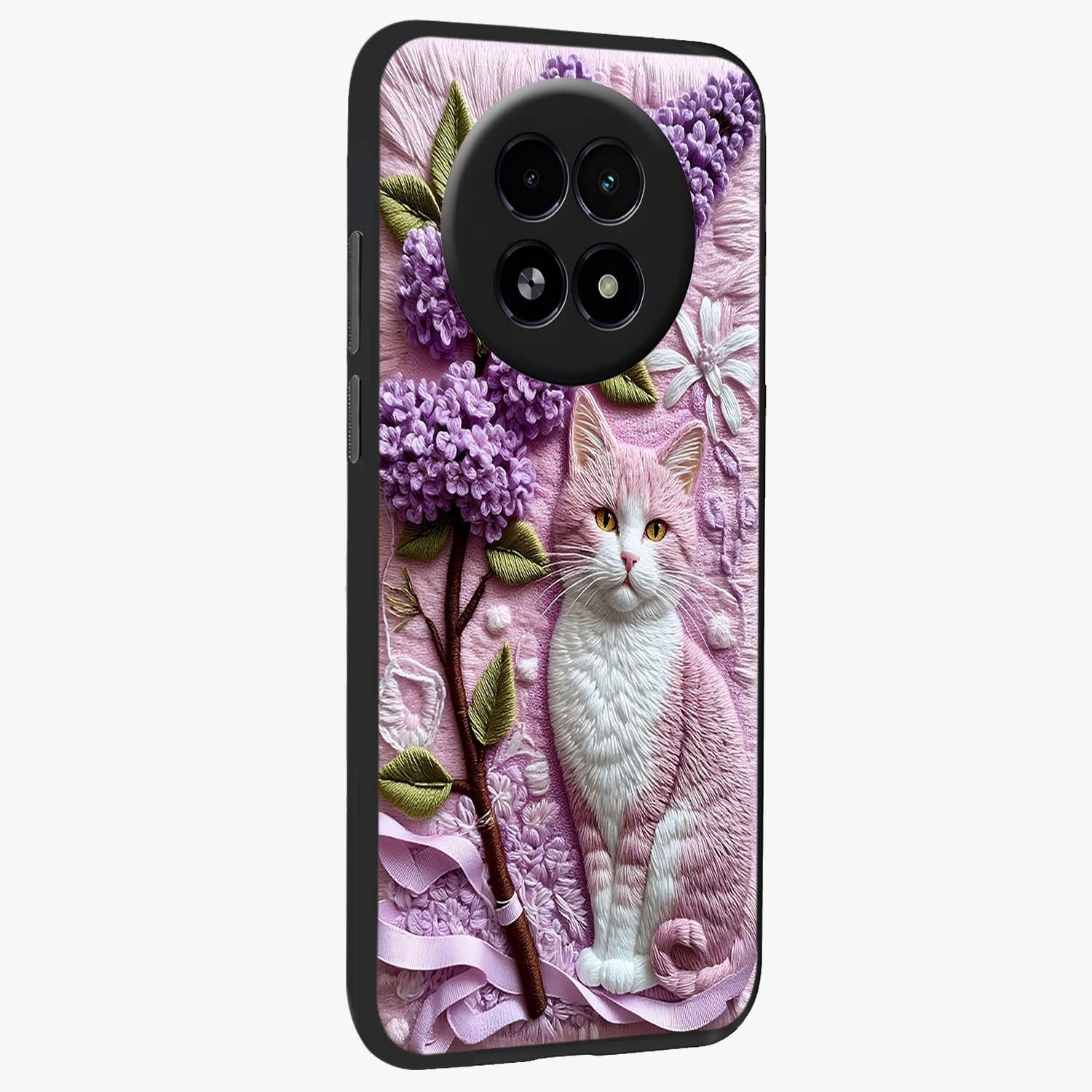 Lavender Cat Whimsy Glass Case upright view showcasing charming cat artwork with whimsical lavender theme.