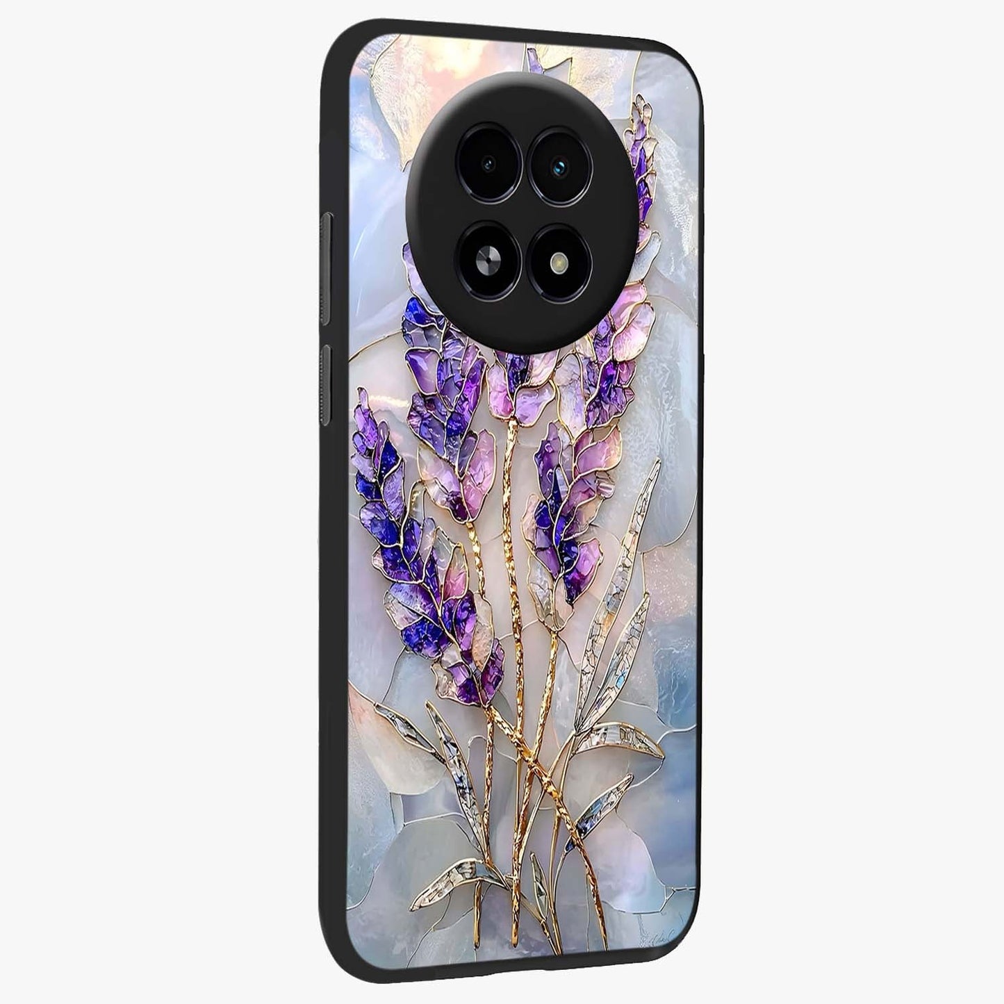 Lavender Dream Glow Glass Case upright view showcasing radiant lavender glow artwork with calming dreamy theme.