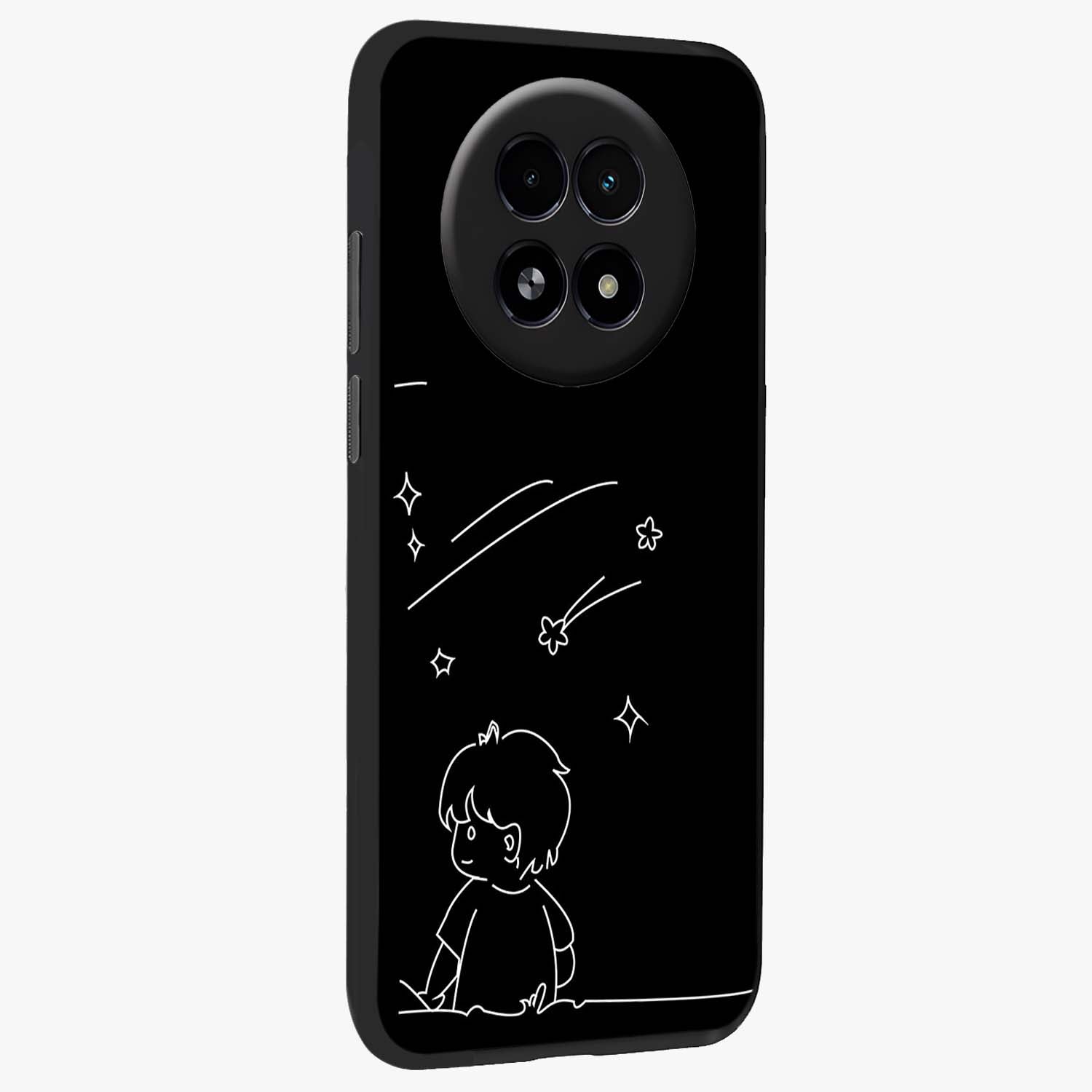 Line Art Boy With Shooting Stars Glass Case upright view showcasing artistic shooting star illustration with minimal style.