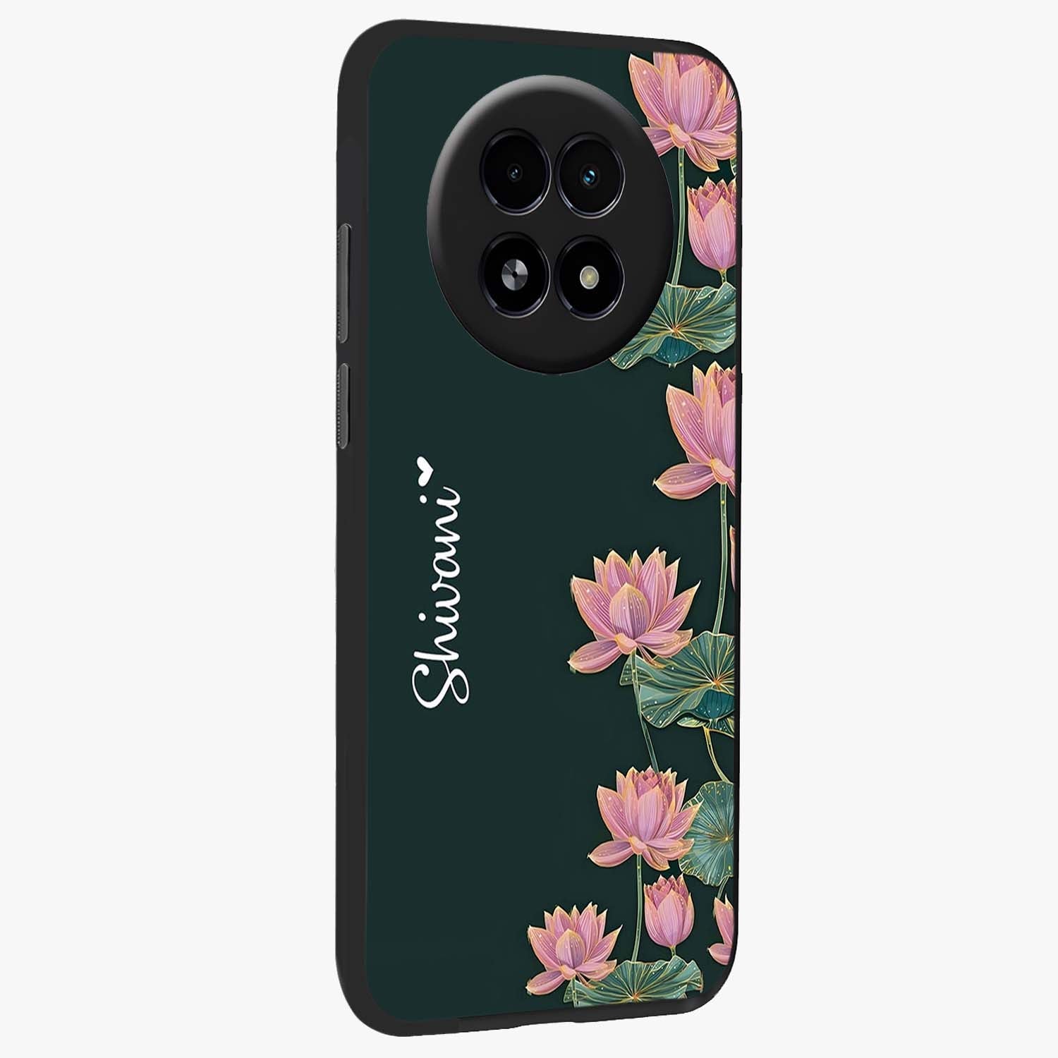 Lotus Bloom Serenity Custom Name Glass Case upright view showcasing serene lotus bloom artwork with personalized floral aesthetic.