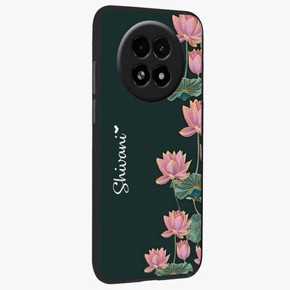 Lotus Bloom Serenity Custom Name Glass Case upright view showcasing serene lotus bloom artwork with personalized floral aesthetic.
