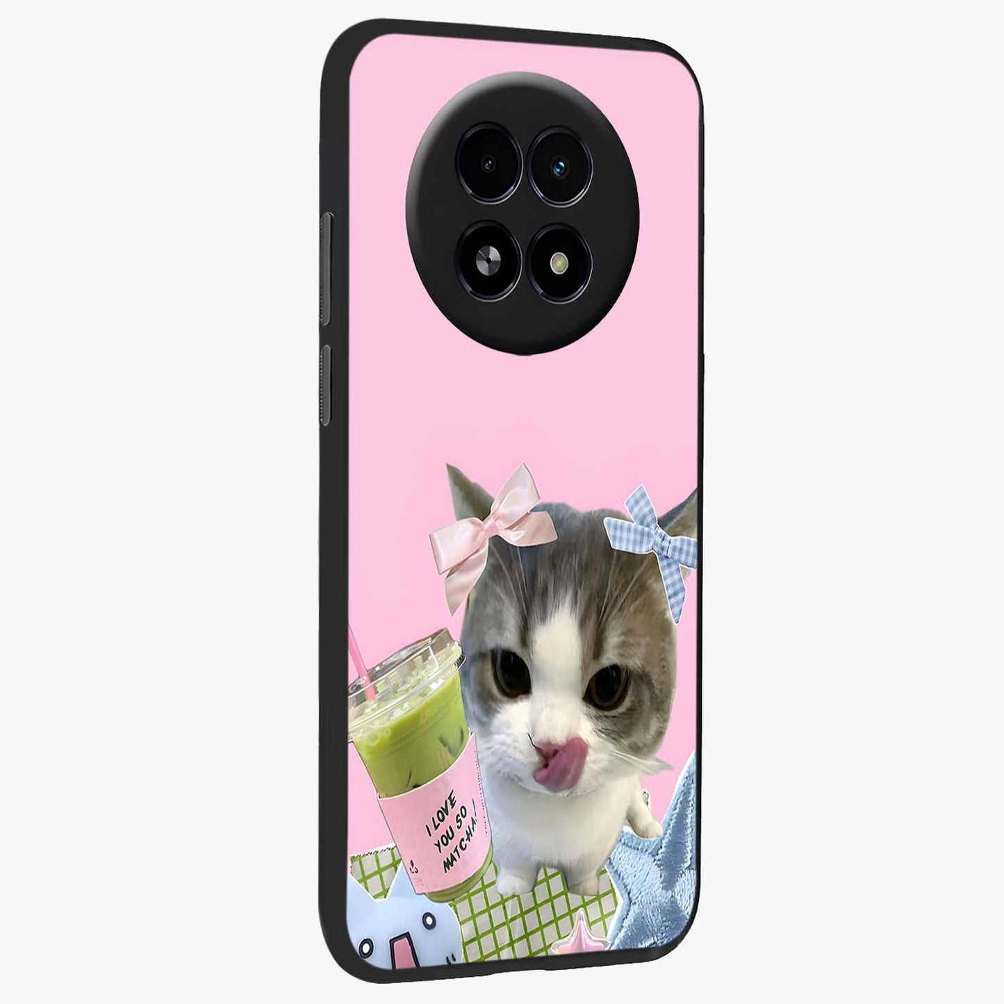 Love Matcha Cat Glass Case upright view showcasing adorable cat artwork with charming matcha themed design.