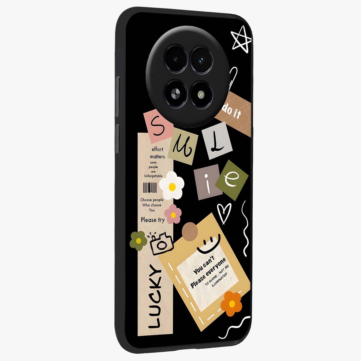 Lucky Aesthetic Collage Glass Case upright view showcasing vibrant collage artwork with youthful aesthetic theme.