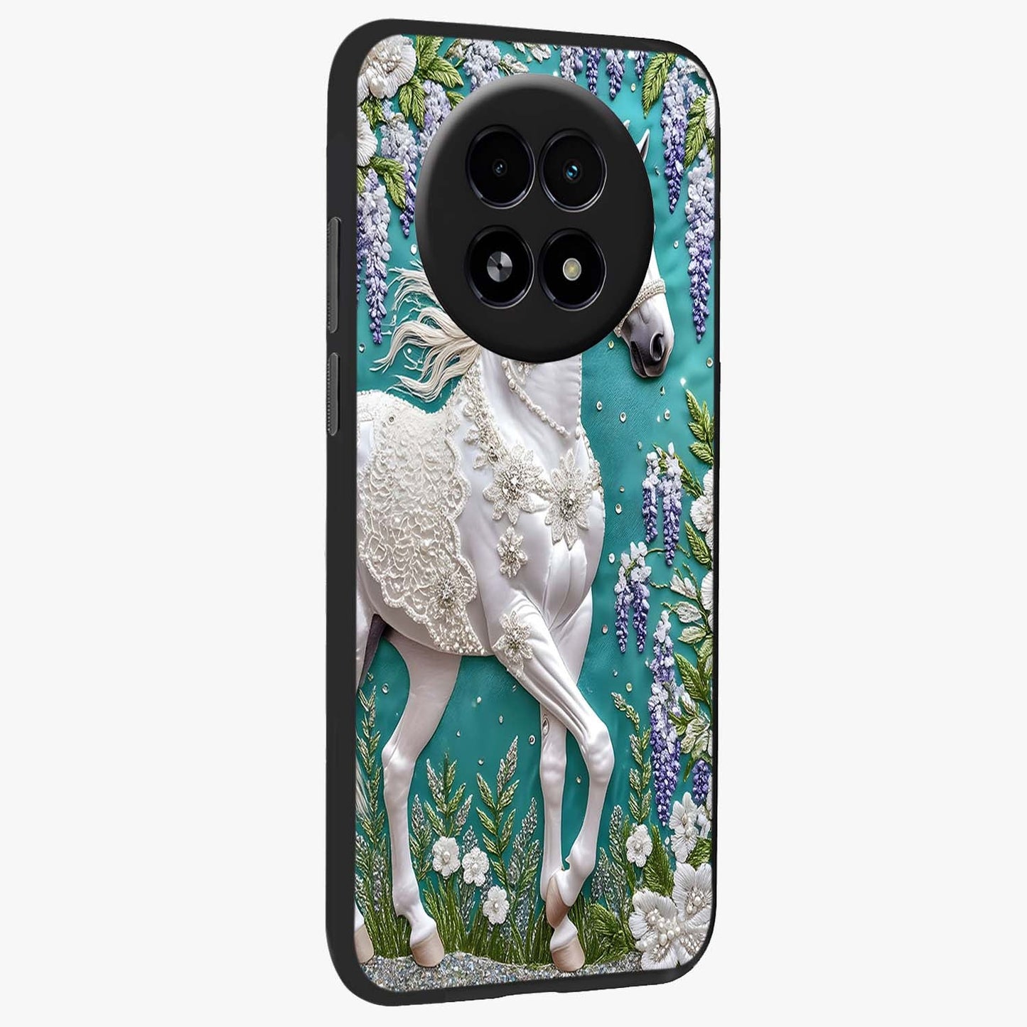 Majestic Floral Stallion Glass Case upright view showcasing dramatic horse artwork with decorative floral theme.