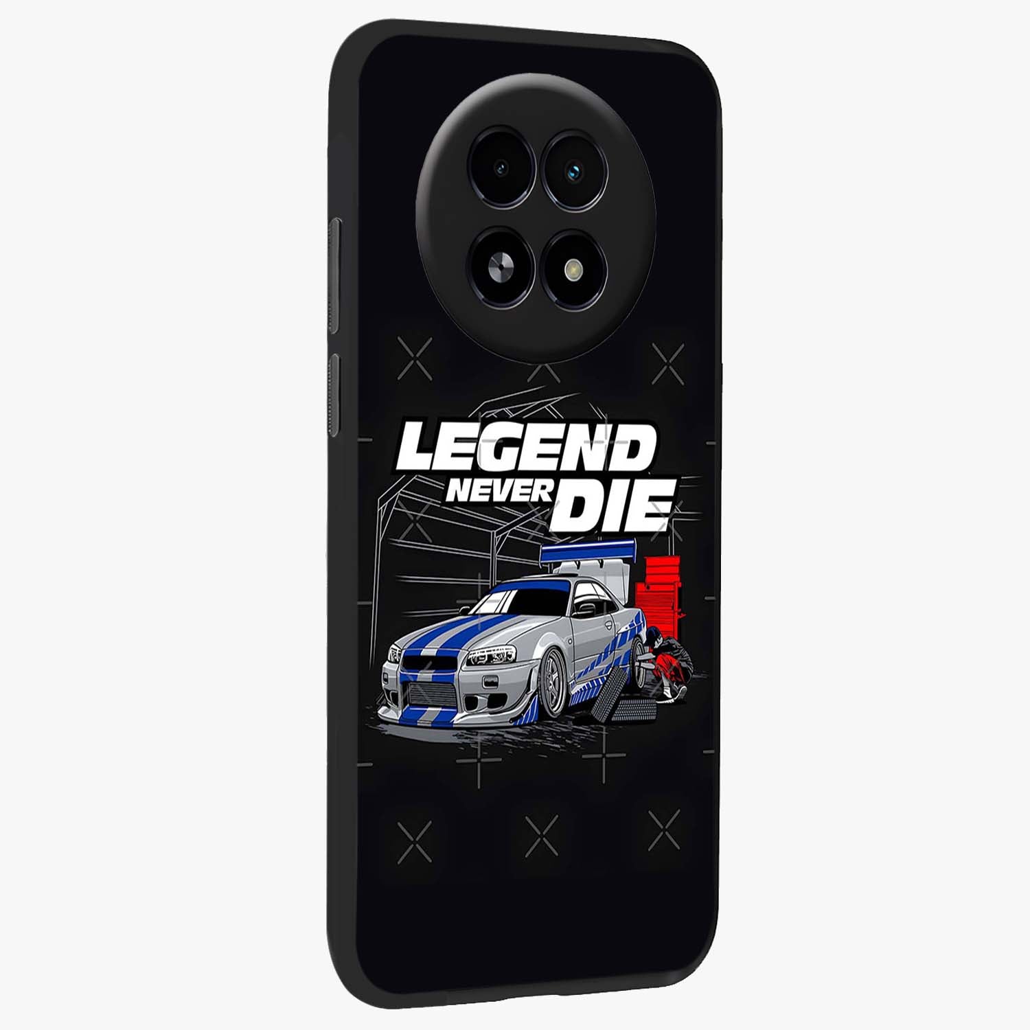 Midnight Racing Legacy Glass Case upright view showcasing powerful racing artwork with modern sports theme.