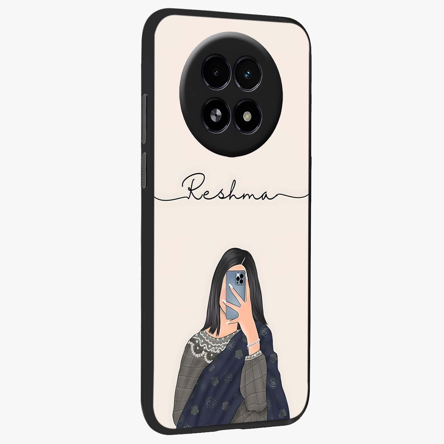 Mirror Mood Muse With Custom Name Glass Case upright view showcasing artistic mirror themed artwork with personalized aesthetic.