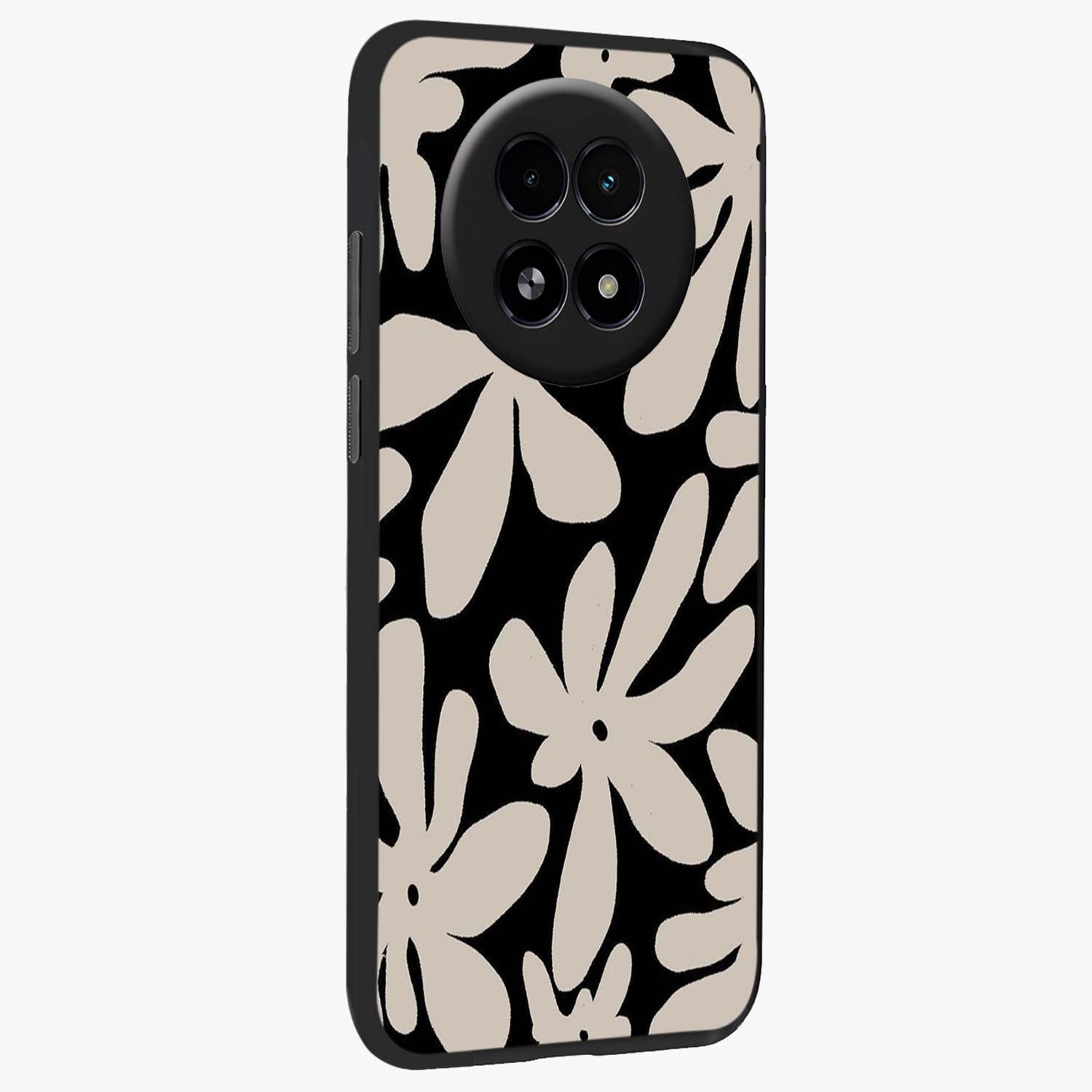 Monochrome Petal Dance Glass Case upright view showcasing artistic floral pattern with stylish monochrome theme.