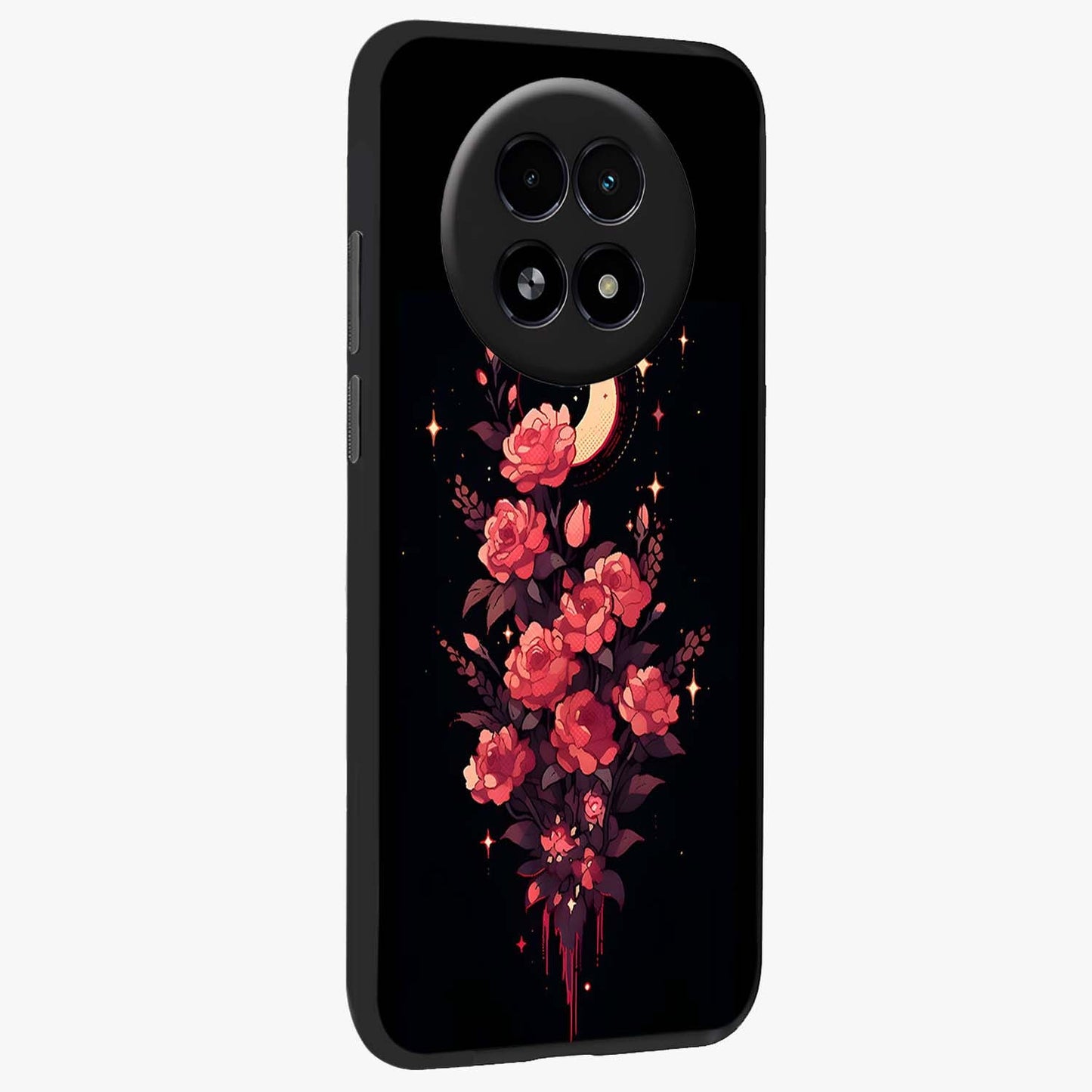 Moonlit Floral Elegance Glass Case upright view showcasing delicate floral artwork with refined night inspired theme.