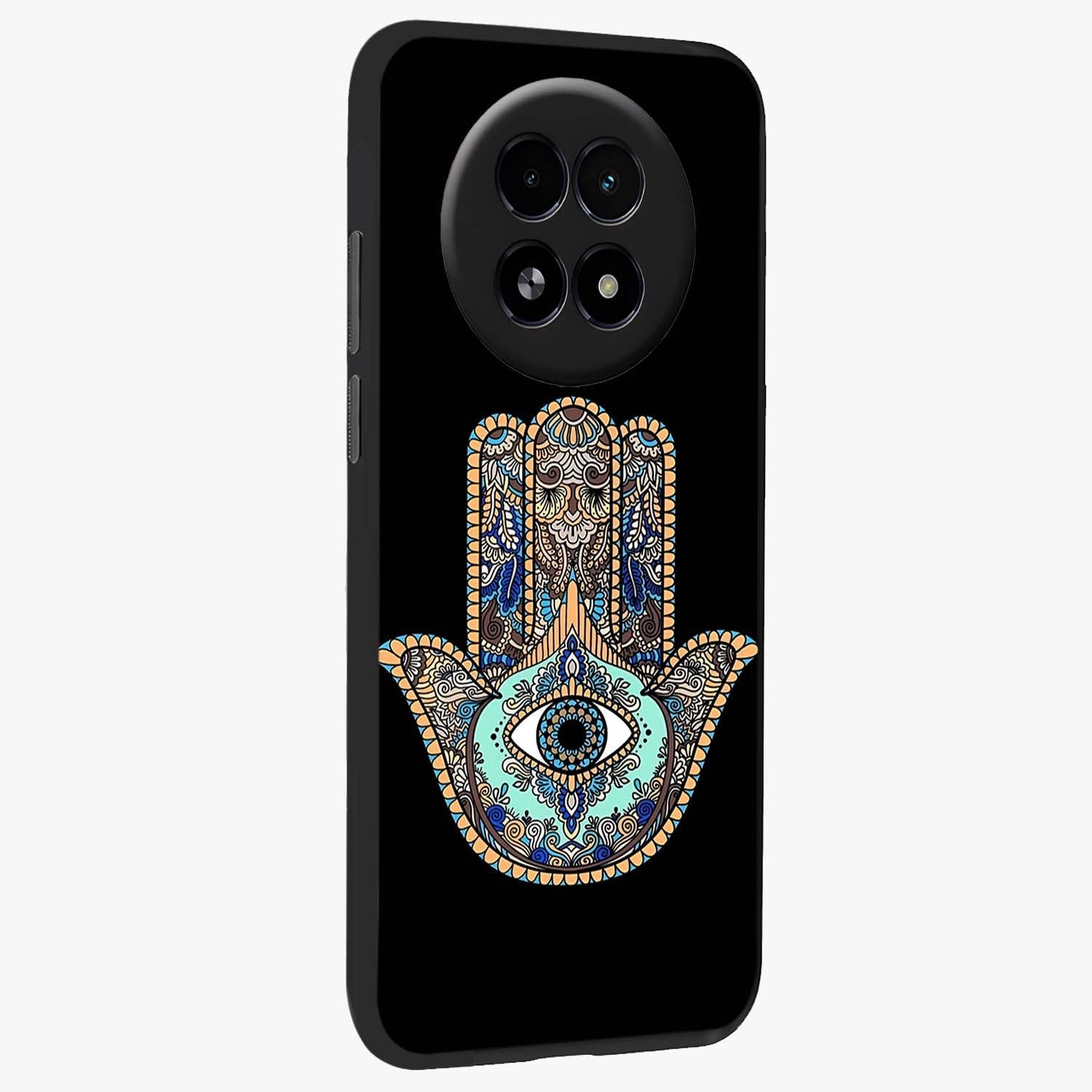 Mystic Hamsa Eye Glass Case upright view showcasing detailed hamsa eye artwork with protective spiritual theme.