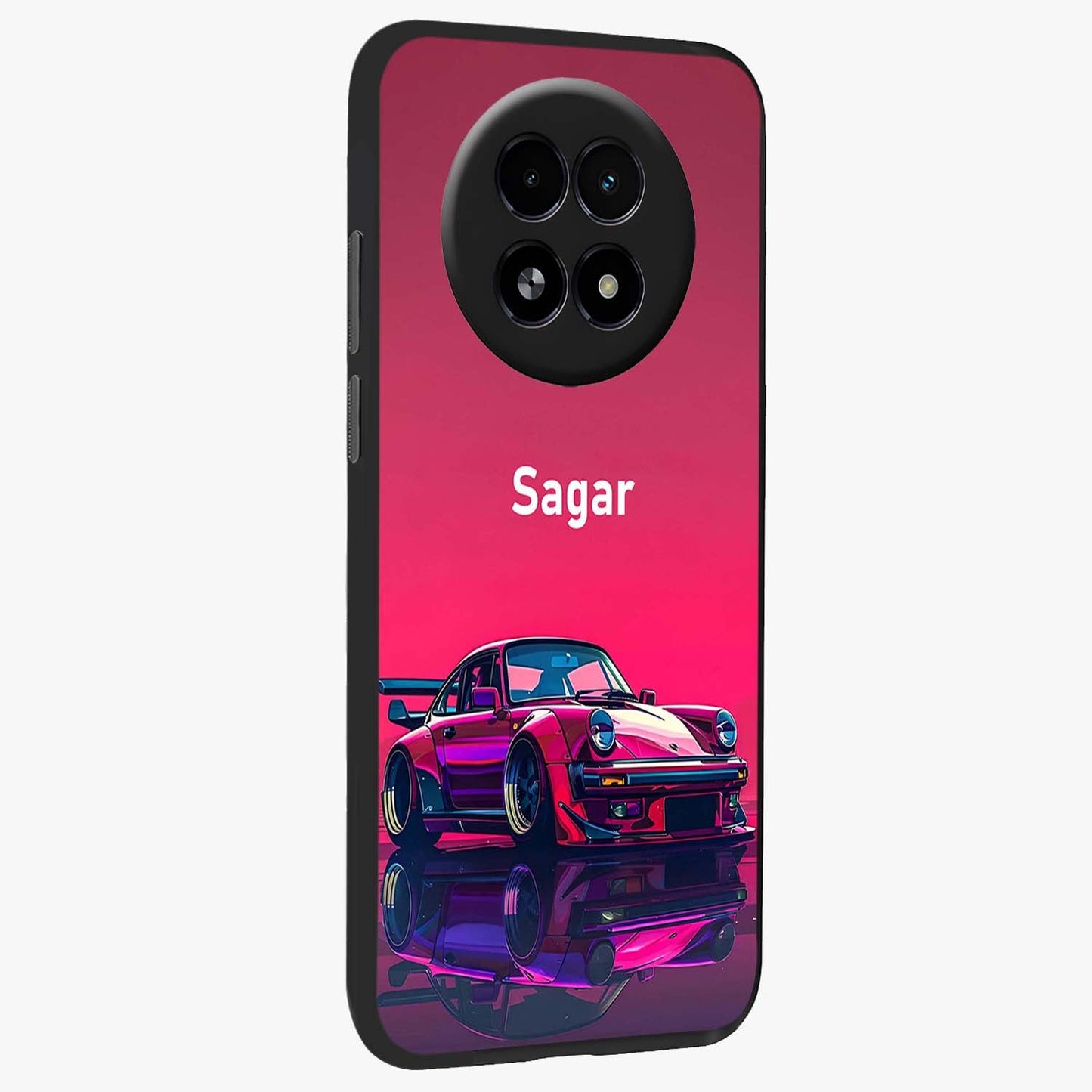 Neon Pink Porsche Glass Case upright view showcasing vibrant sports car artwork with bold automotive theme.