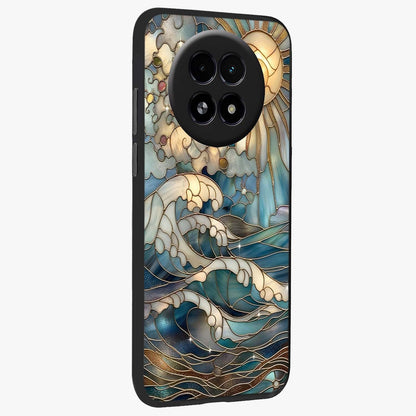 Oceanic Stained Printed Glass Case upright view showcasing decorative ocean pattern artwork with vibrant marine theme.