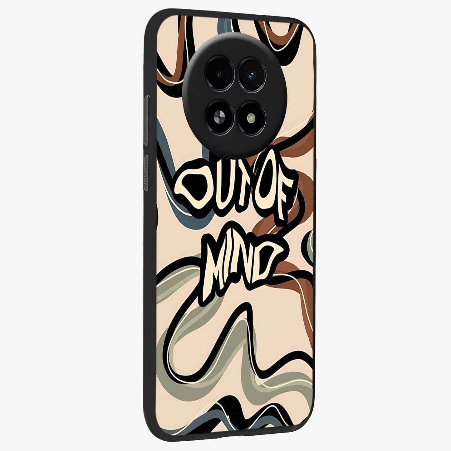 Out Of Mind Glass Case upright view showcasing striking typography artwork with edgy conceptual theme.