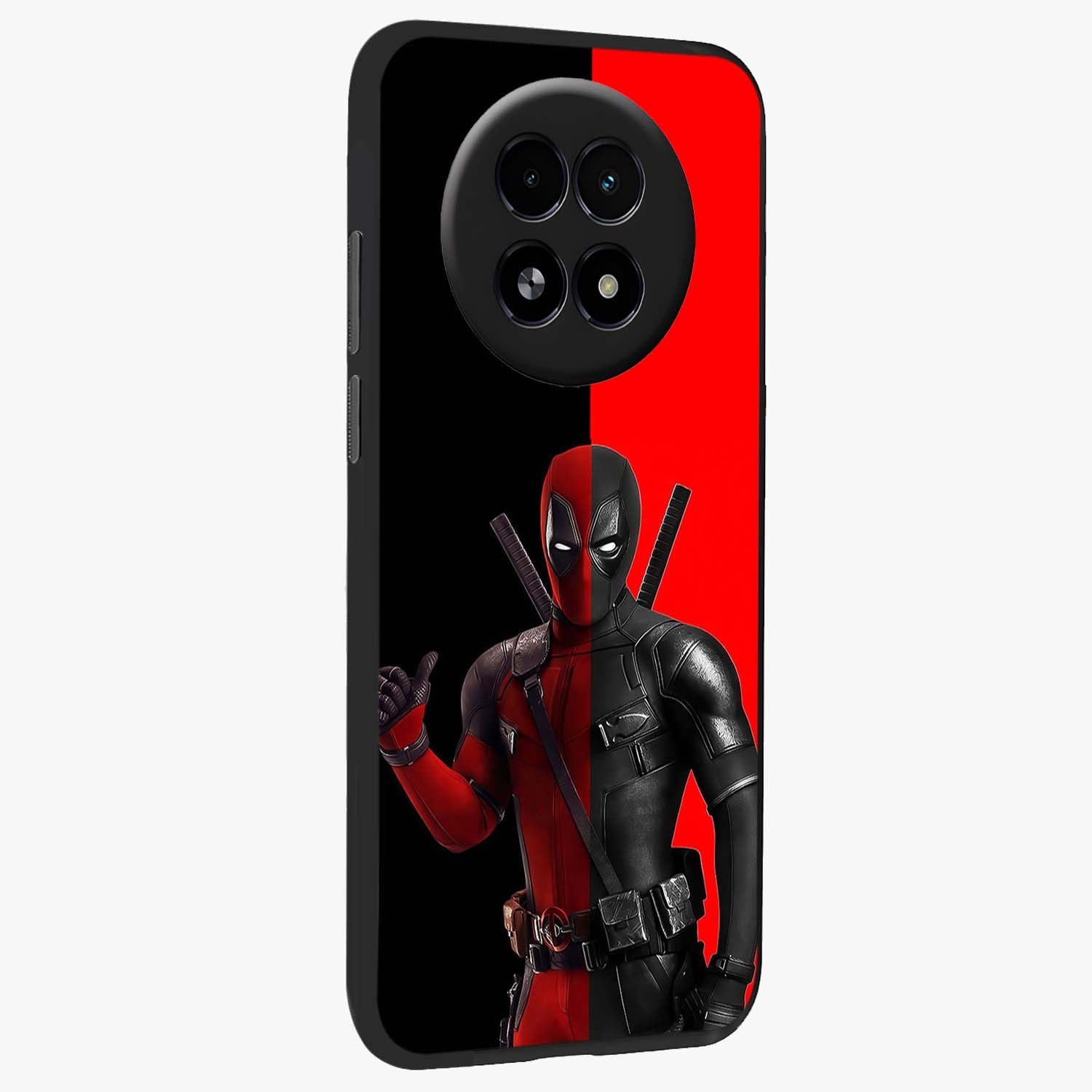 Red & Black Deadpool Theme Glass Case upright view showcasing energetic comic themed artwork with striking red and black design.