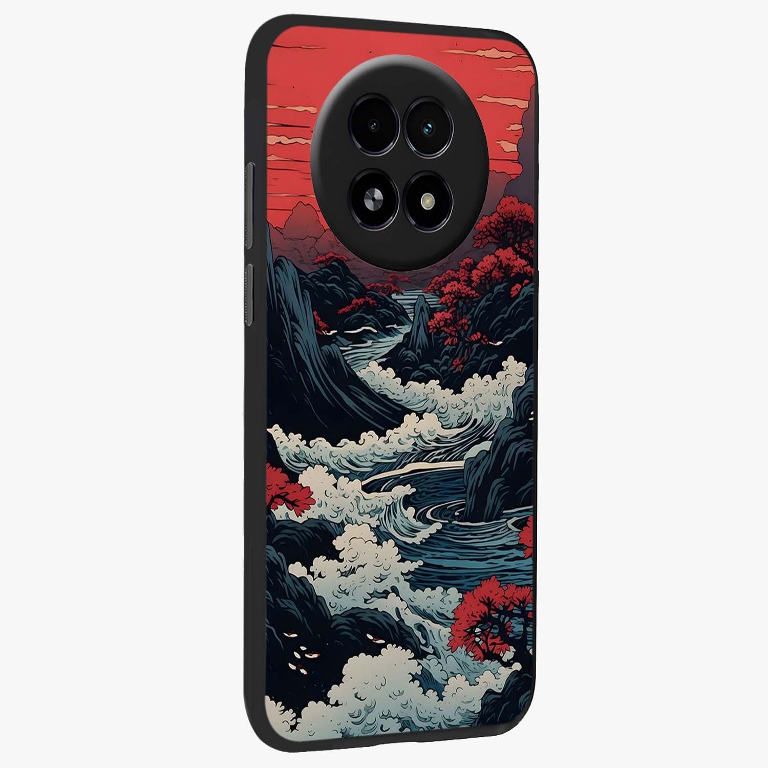 Red Sunset Scenery Glass Case upright view showcasing dramatic sunset scenery artwork with warm nature theme.
