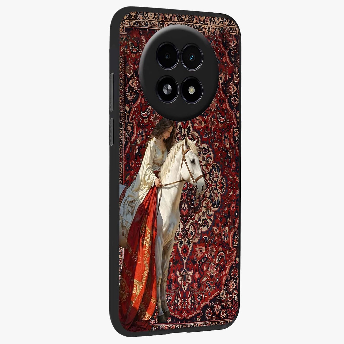 Royal Rider Tapestry Glass Case upright view showcasing detailed rider artwork with classic tapestry theme.