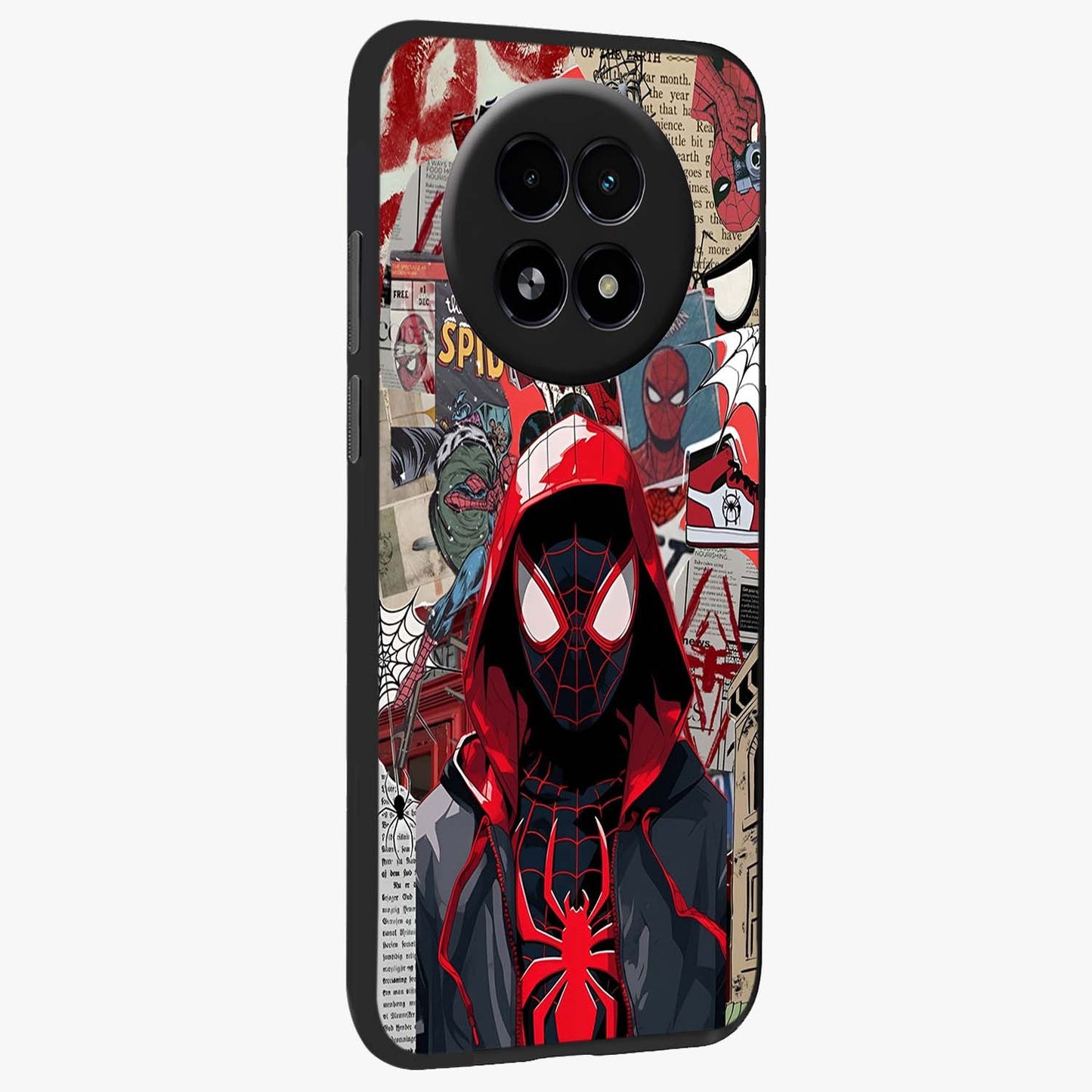 Spider Collage Street Glass Case upright view showcasing bold superhero artwork with urban street theme.