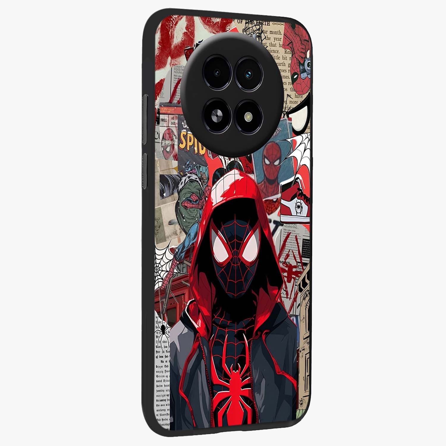 Spider Collage Street Glass Case upright view showcasing bold superhero artwork with urban street theme.