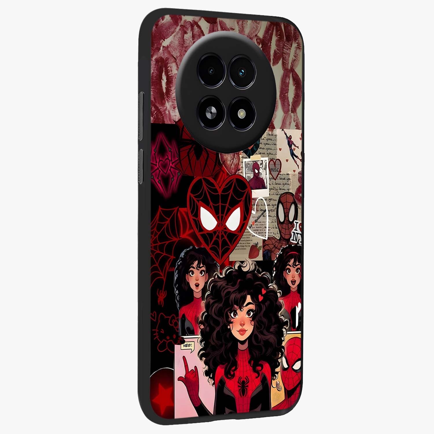 Spider Love Story Glass Case upright view showcasing charming superhero artwork with romantic comic theme.