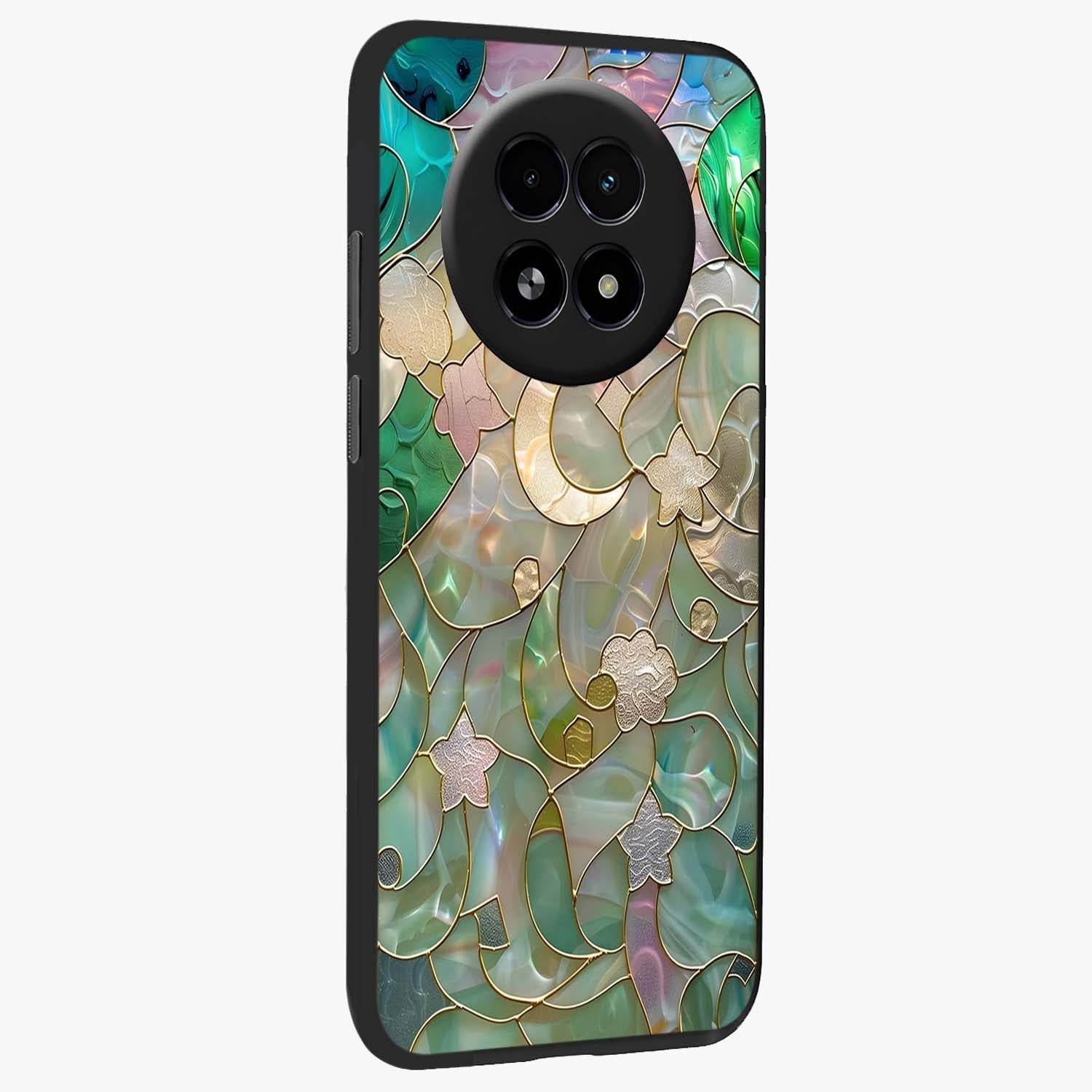 Stained Sunrise Glow Glass Case upright view showcasing colorful sunrise artwork with warm morning theme.