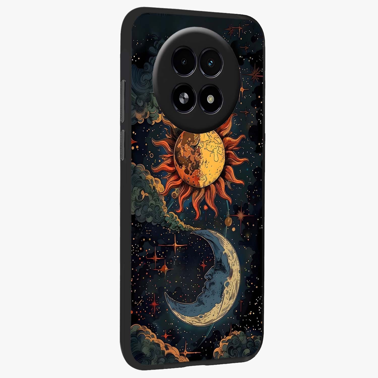 Sun And Moon Magic Design Glass Case upright view showcasing decorative sun and moon artwork with spiritual celestial theme.