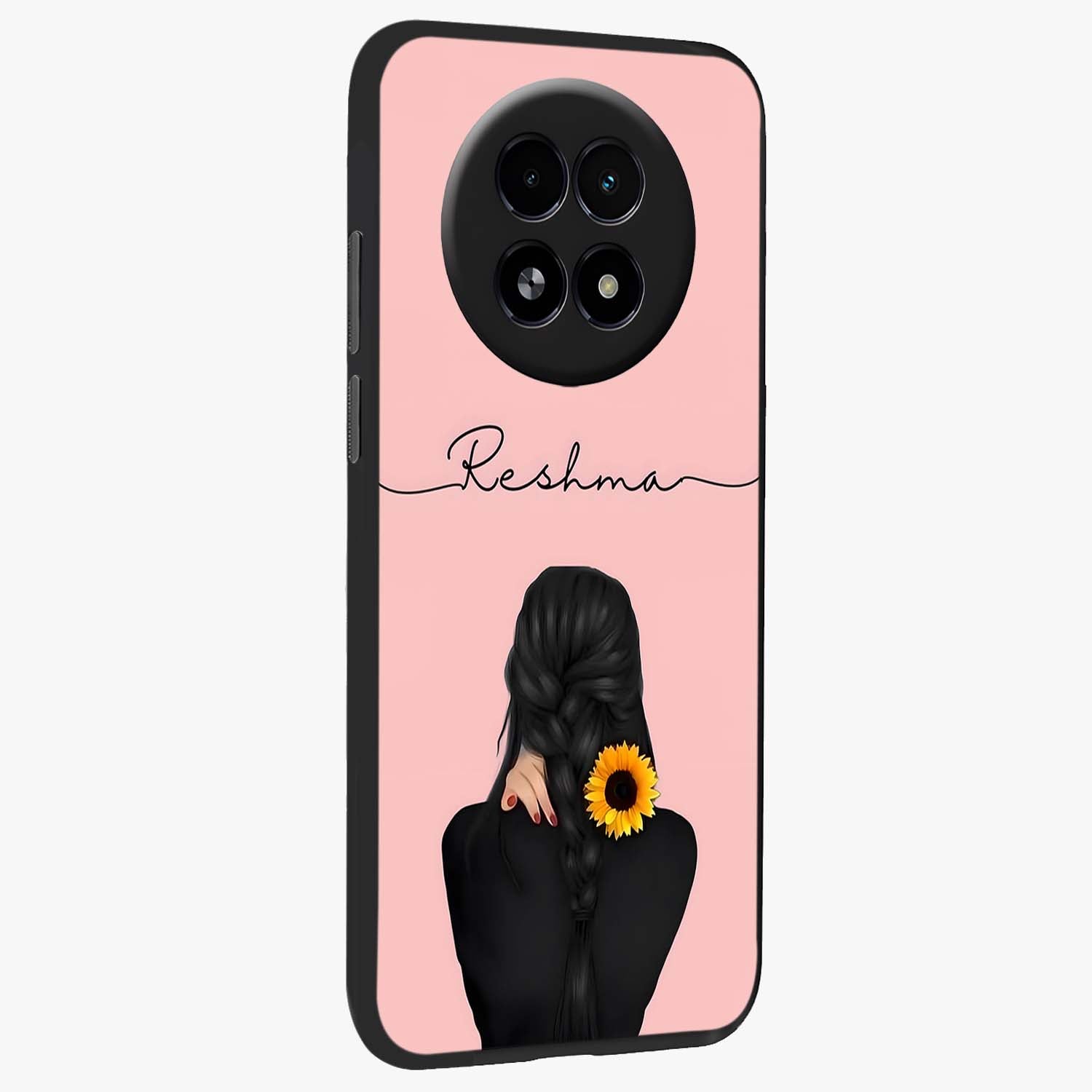 Sunflower Braid Beauty With Custom Name Glass Case upright view showcasing bright sunflower artwork with personalized floral aesthetic.