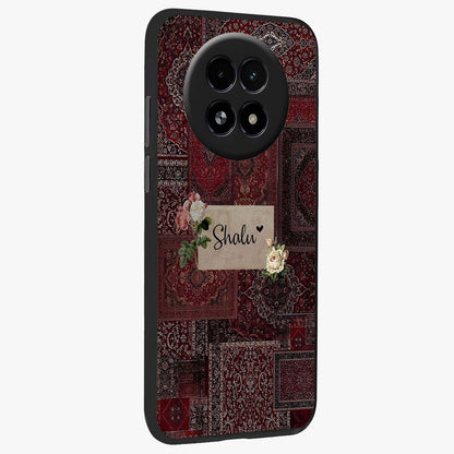Velvet Wine Pattern Custom Name Glass Case upright view showcasing luxurious wine toned artwork with personalized aesthetic.