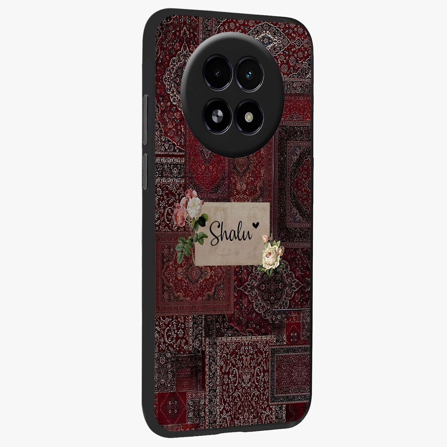 Velvet Wine Pattern Custom Name Glass Case upright view showcasing luxurious wine toned artwork with personalized aesthetic.