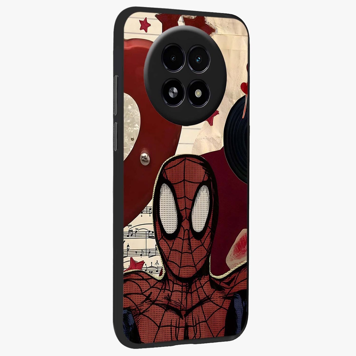 Web Warrior Vibes Glass Case upright view showcasing energetic superhero artwork with bold action theme.