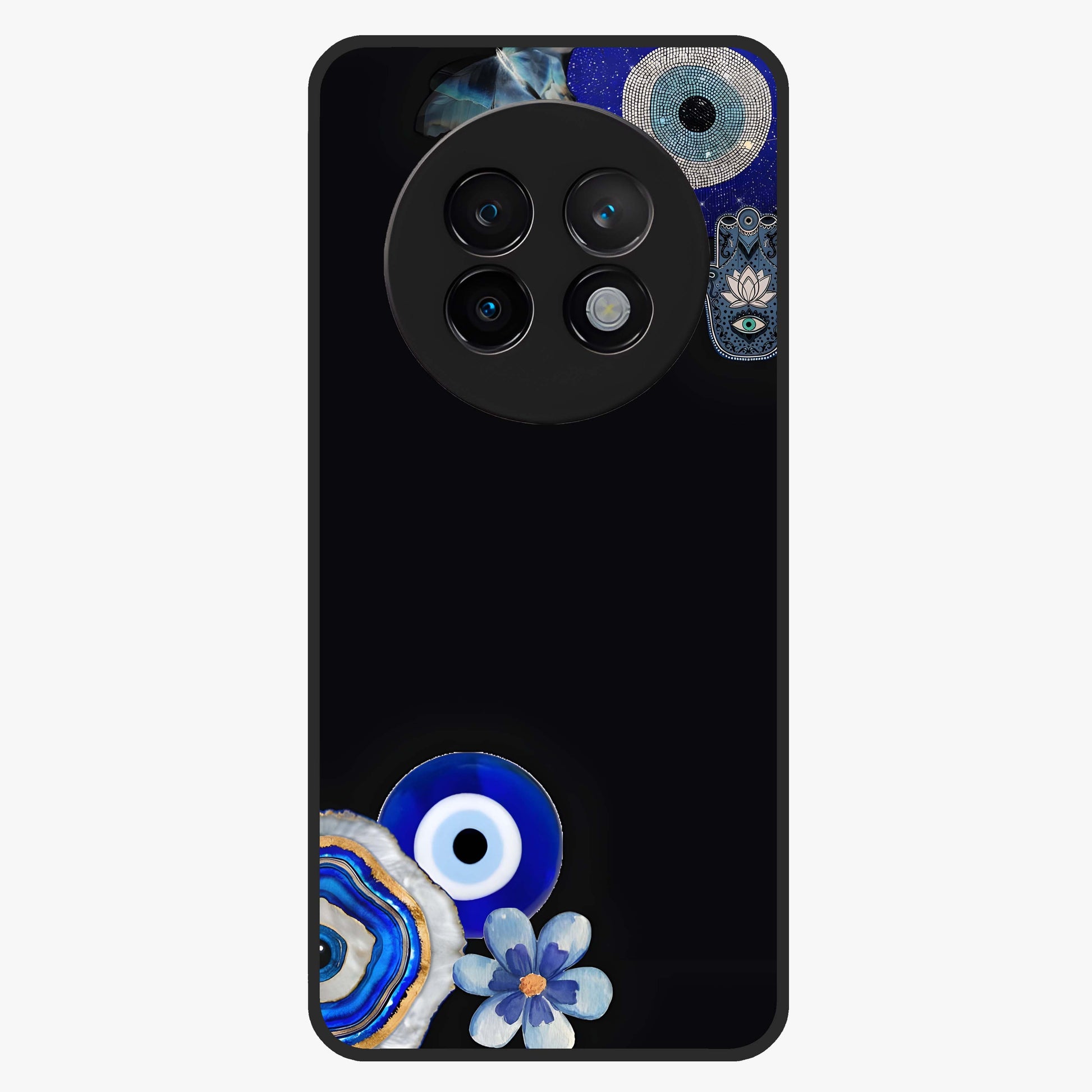Aesthetic Blue Evil Eye Glass Case showing flat back view with protective evil eye artwork and glossy glass finish.