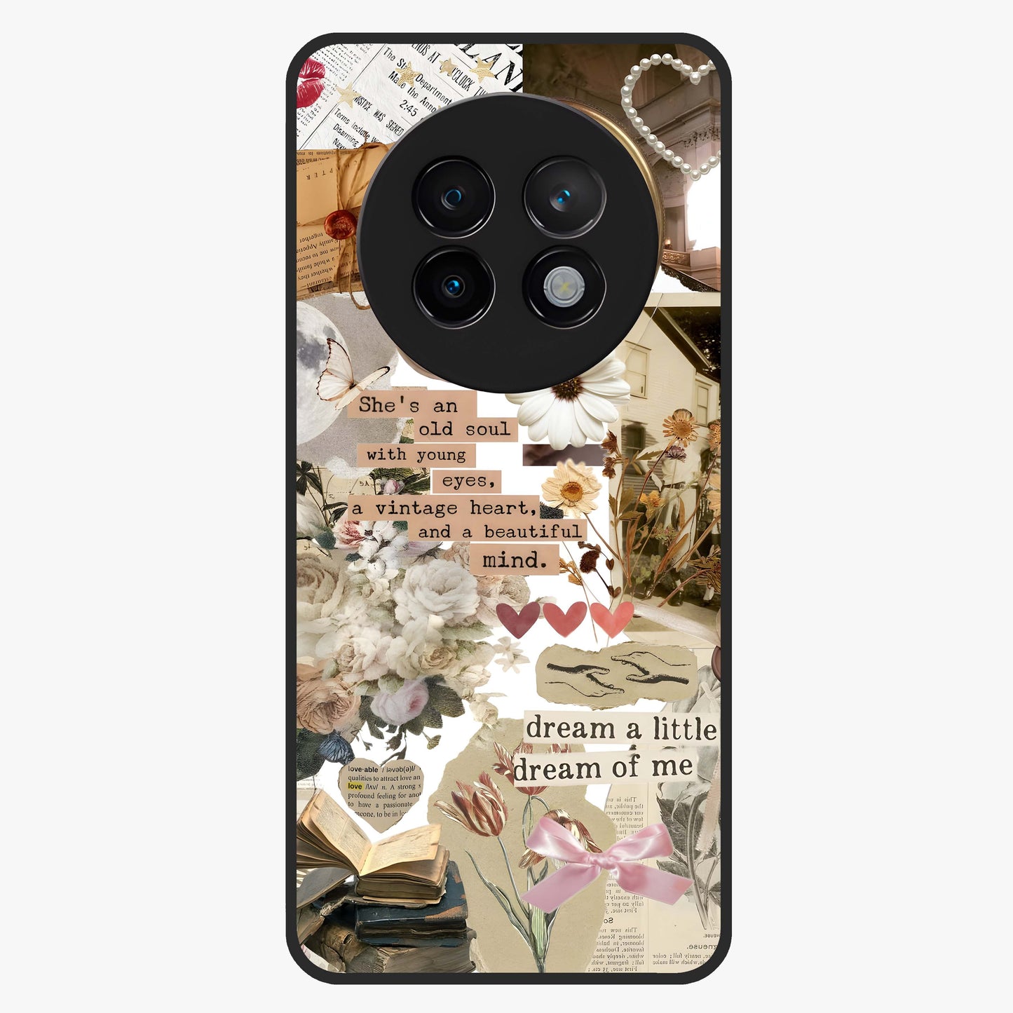 Aesthetic Brown Vintage Collage Glass Case showing flat back view with retro collage artwork and glossy glass finish.