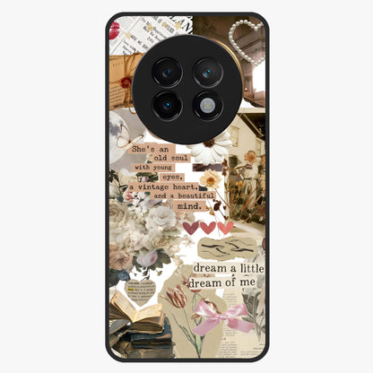 Aesthetic Brown Vintage Collage Glass Case showing flat back view with retro collage artwork and glossy glass finish.