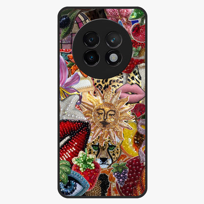 Beaded Fashion Jungle Glass Case showing flat back view with vibrant jungle inspired bead artwork and glossy glass finish.