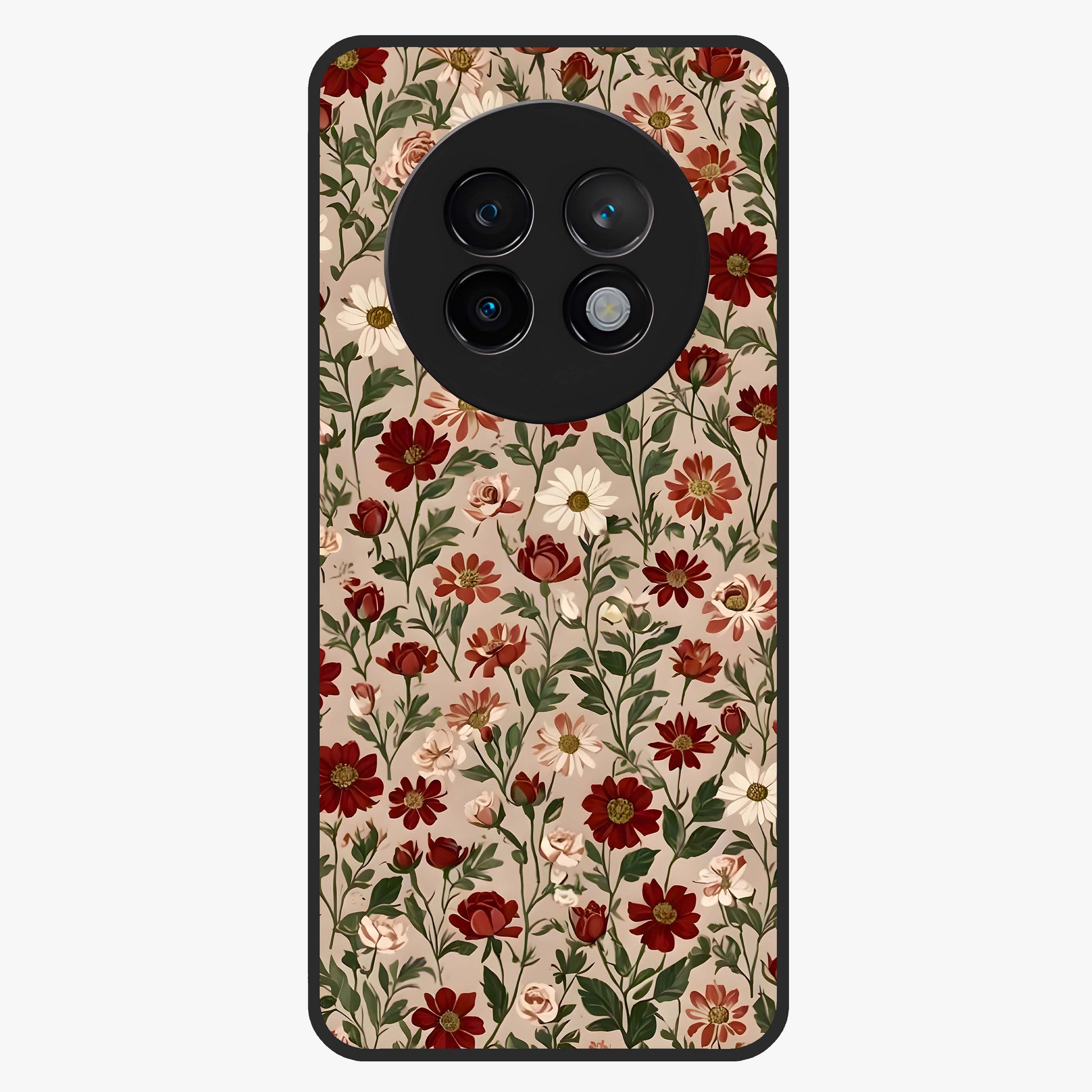 Biege Flower With Leaf Glass Case showing flat back view with soft beige floral artwork and glossy glass finish.