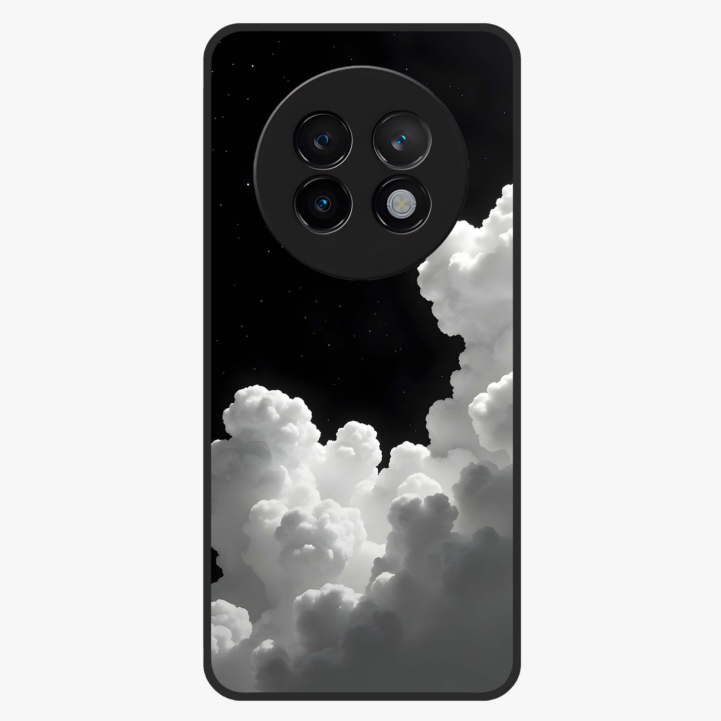 Black Background With White Cloud Glass Case showing flat back view with minimal cloud artwork on dark background and glossy glass finish.
