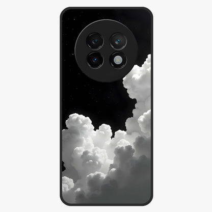 Black Background With White Cloud Glass Case showing flat back view with minimal cloud artwork on dark background and glossy glass finish.