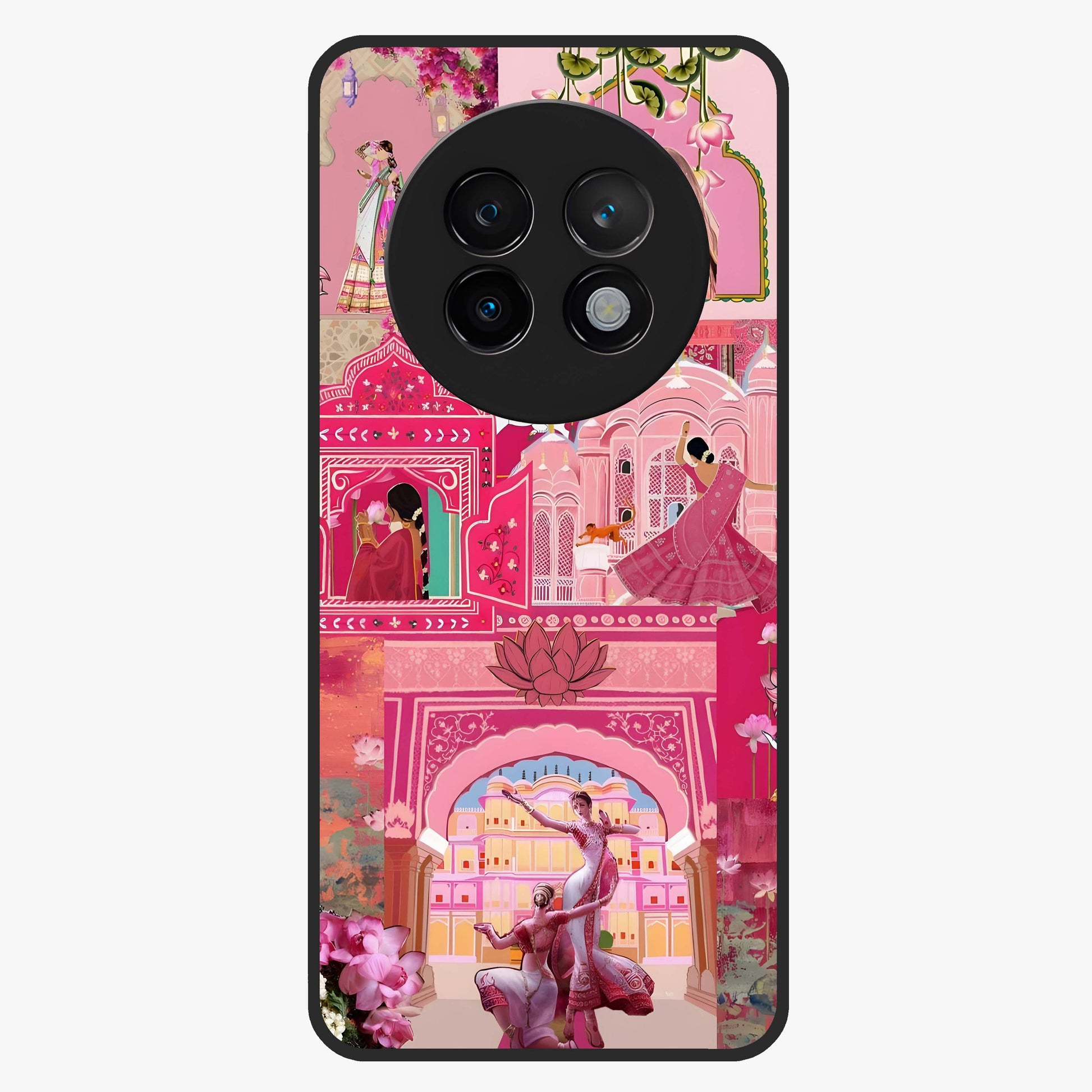 Blossoms of Rajasthan Glass Case showing flat back view with traditional floral artwork inspired by Rajasthan and glossy glass finish.